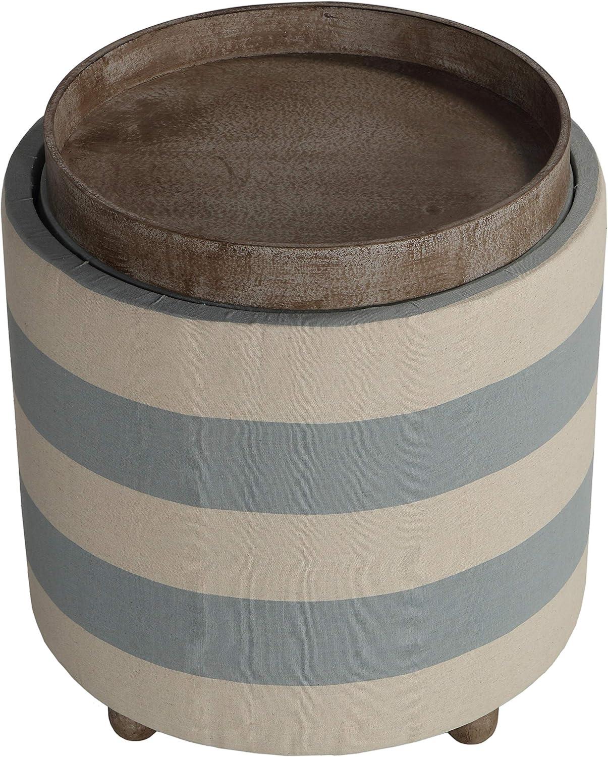 Cape Cod Blue and Ivory Striped Round Storage Ottoman with Tray