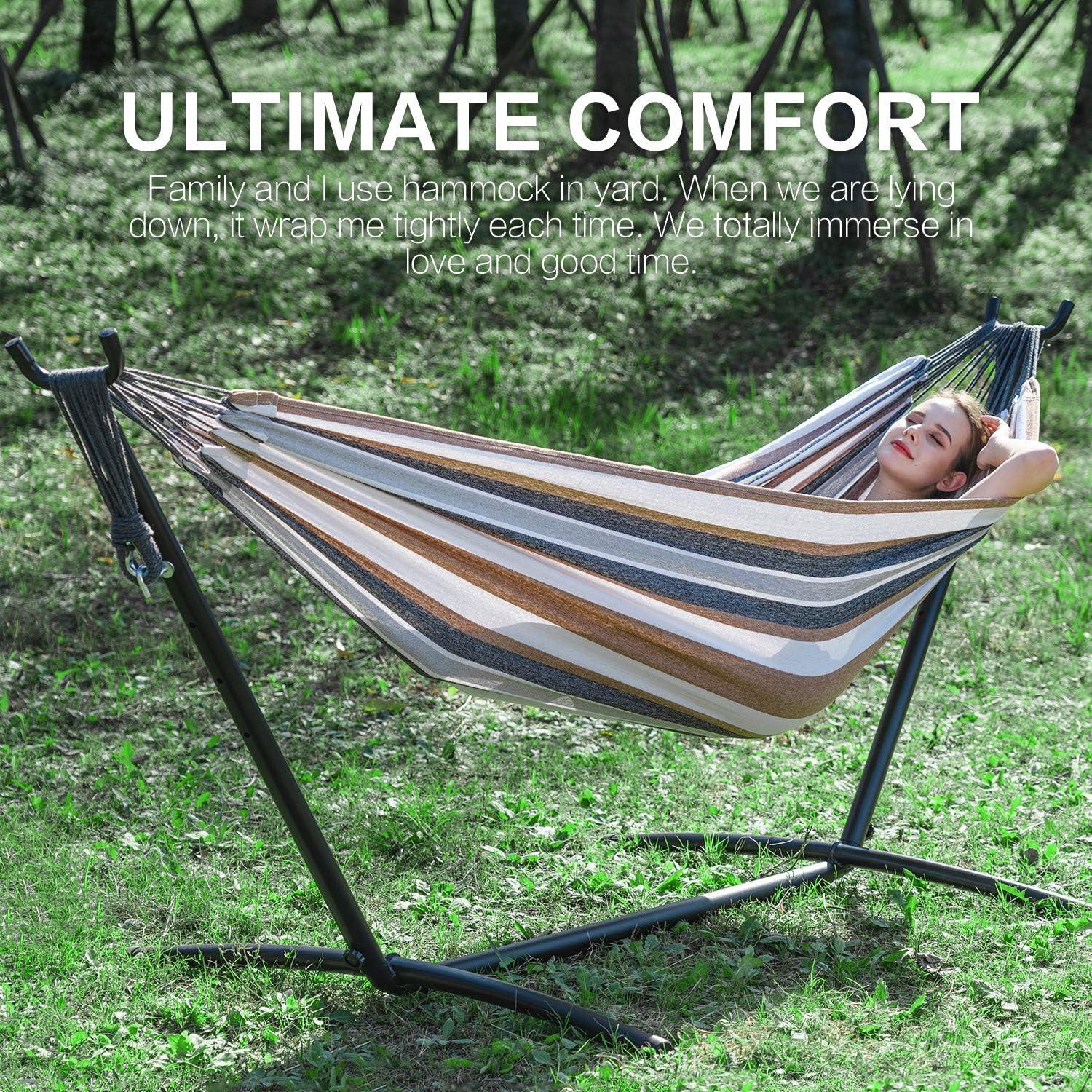 Double Hammock with Steel Stand and Striped Cotton Fabric