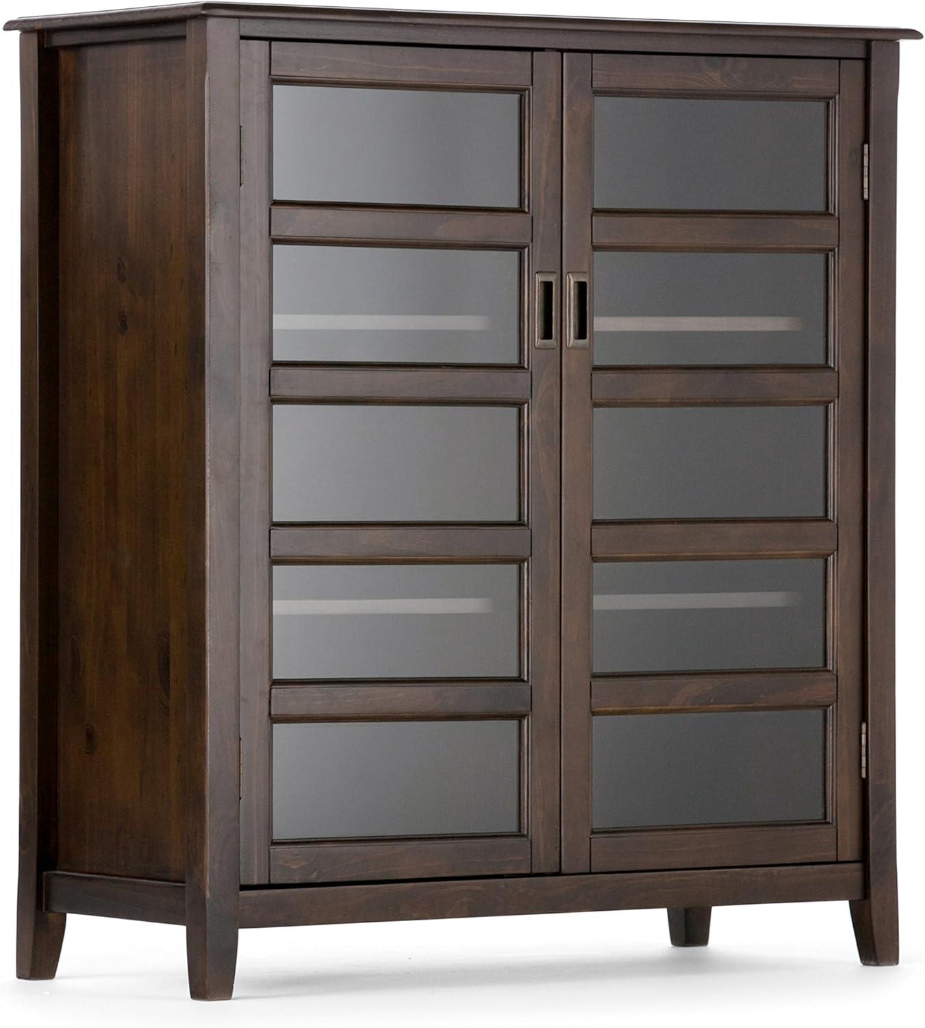 Simpli Home Burlington 40"W Solid Wood 4-Shelf Medium Storage Cabinet with Tempered Glass Doors and Adjustable Shelves