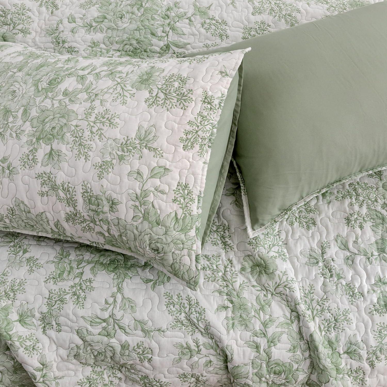 Sage Green Floral Cotton King Quilt Set