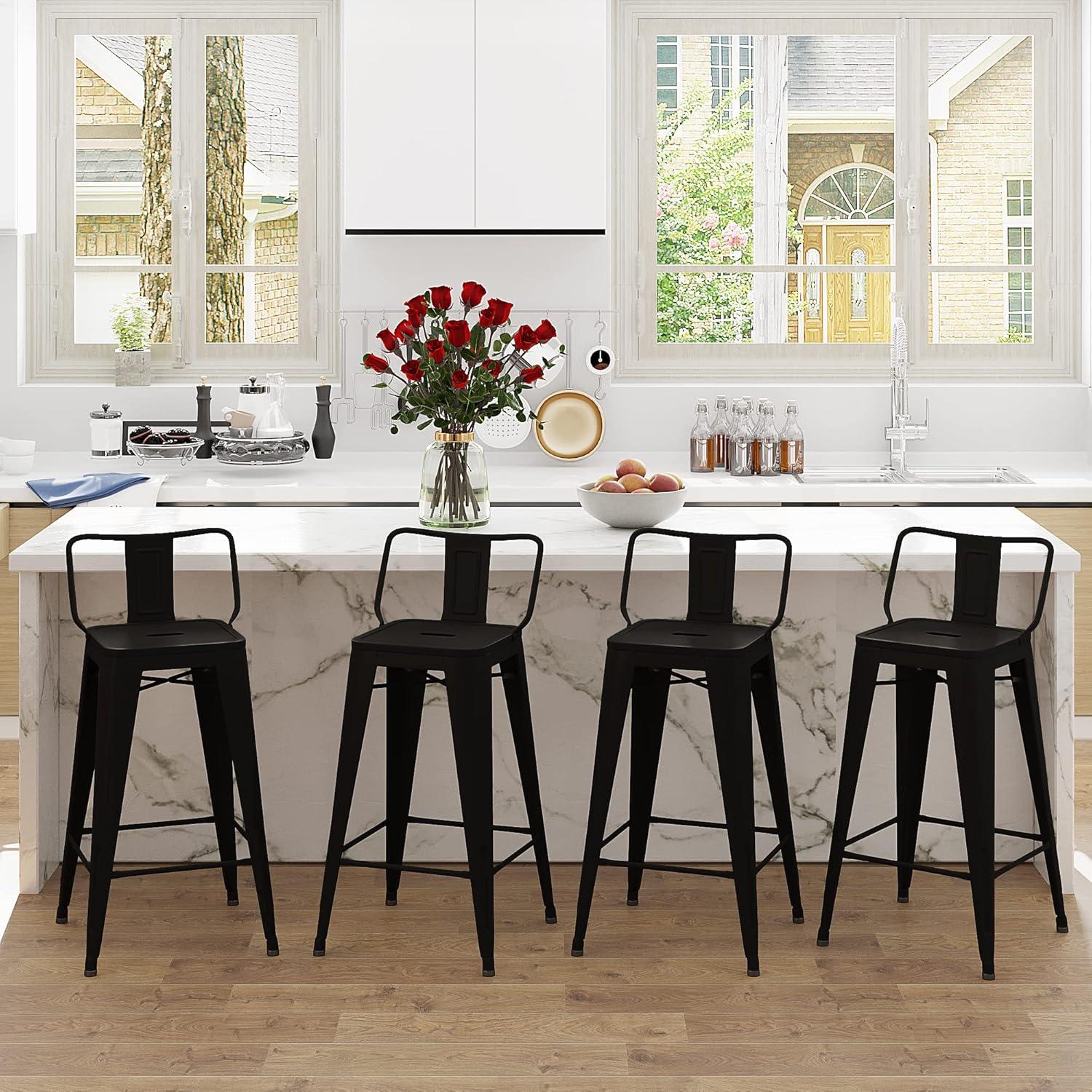 Andeworld 24" Bar Stools Set of 4,Counter Height Bar Stools with Larger Seat,Bar Stools with Back,Black Metal Bar Stools with Removable Back,Farmhouse Bar Stools,High Back Kitchen Bar Stools Chair