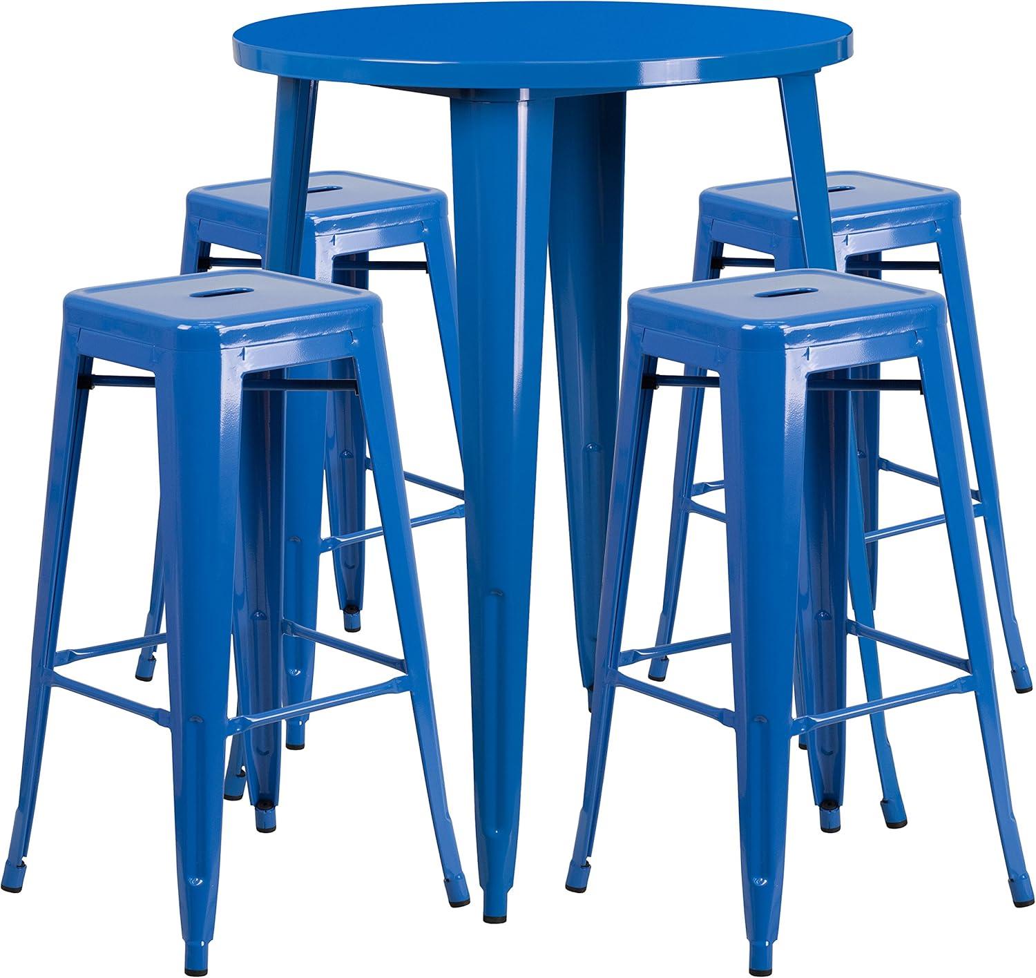 Flash Furniture Commercial Grade 30" Round Blue Metal Indoor-Outdoor Bar Table Set with 4 Square Seat Backless Stools
