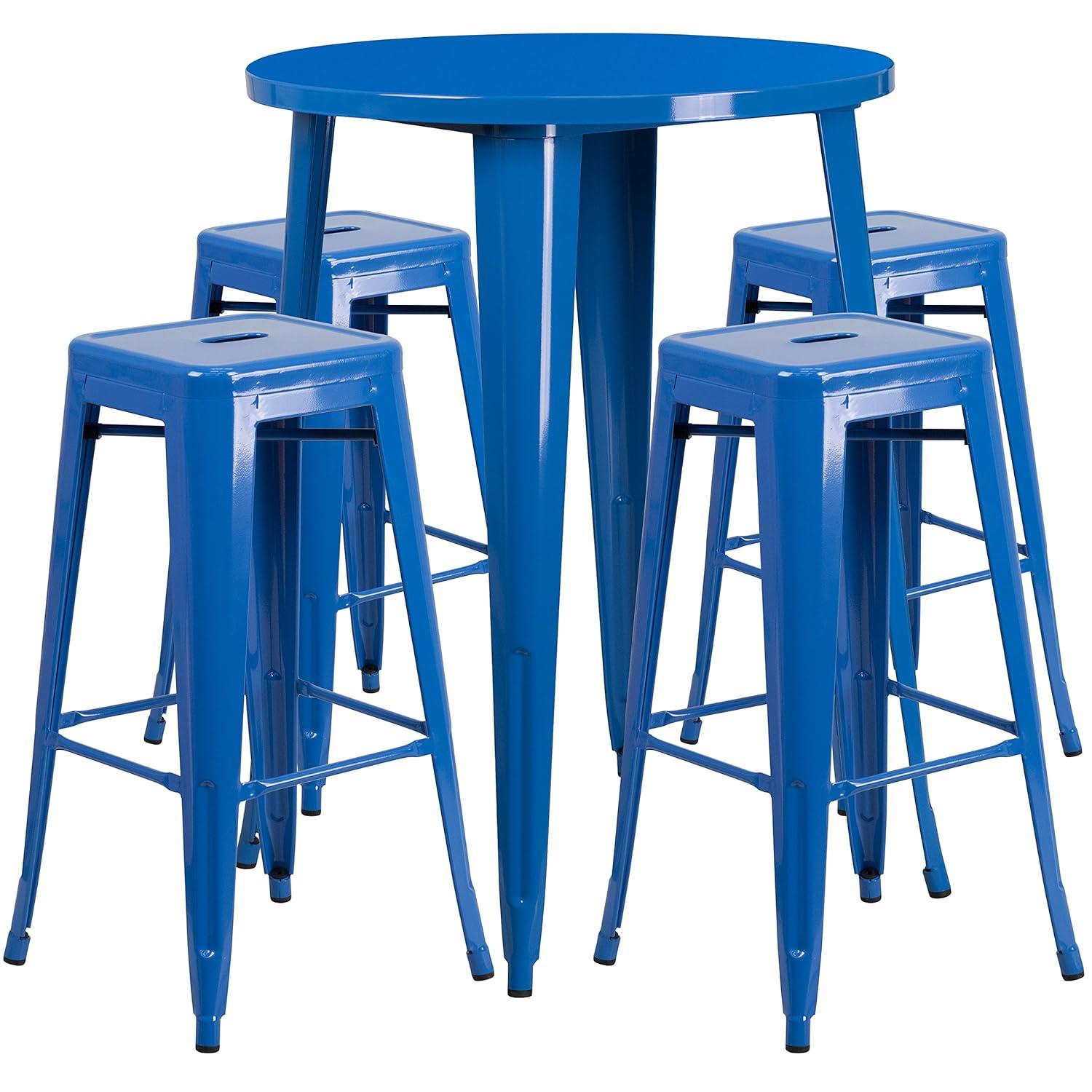 Flash Furniture Commercial Grade 30" Round Blue Metal Indoor-Outdoor Bar Table Set with 4 Square Seat Backless Stools