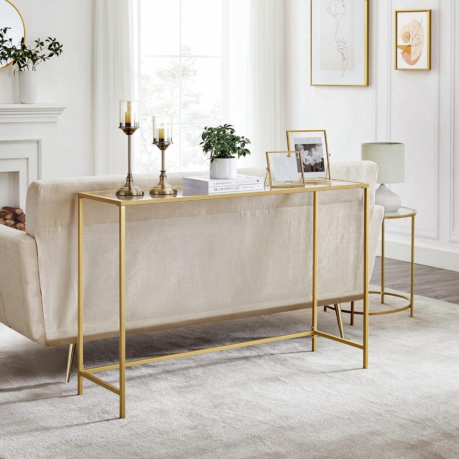 VASAGLE Console Sofa Table, Modern Entryway Table, Tempered Glass Table, Metal Frame 13.8 x 39.4 x 31.5 inches Gold