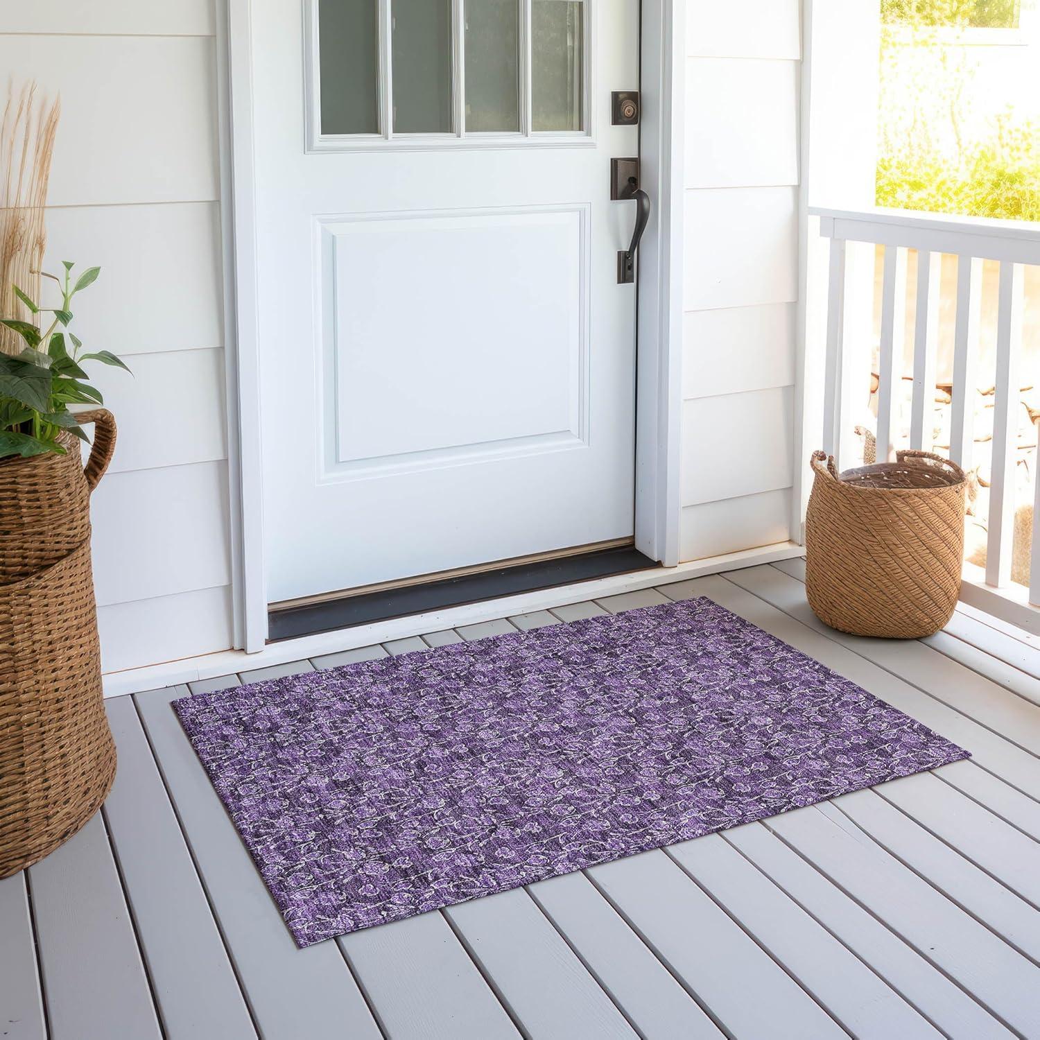 Purple Floral Synthetic Flat Woven Rectangular Rug