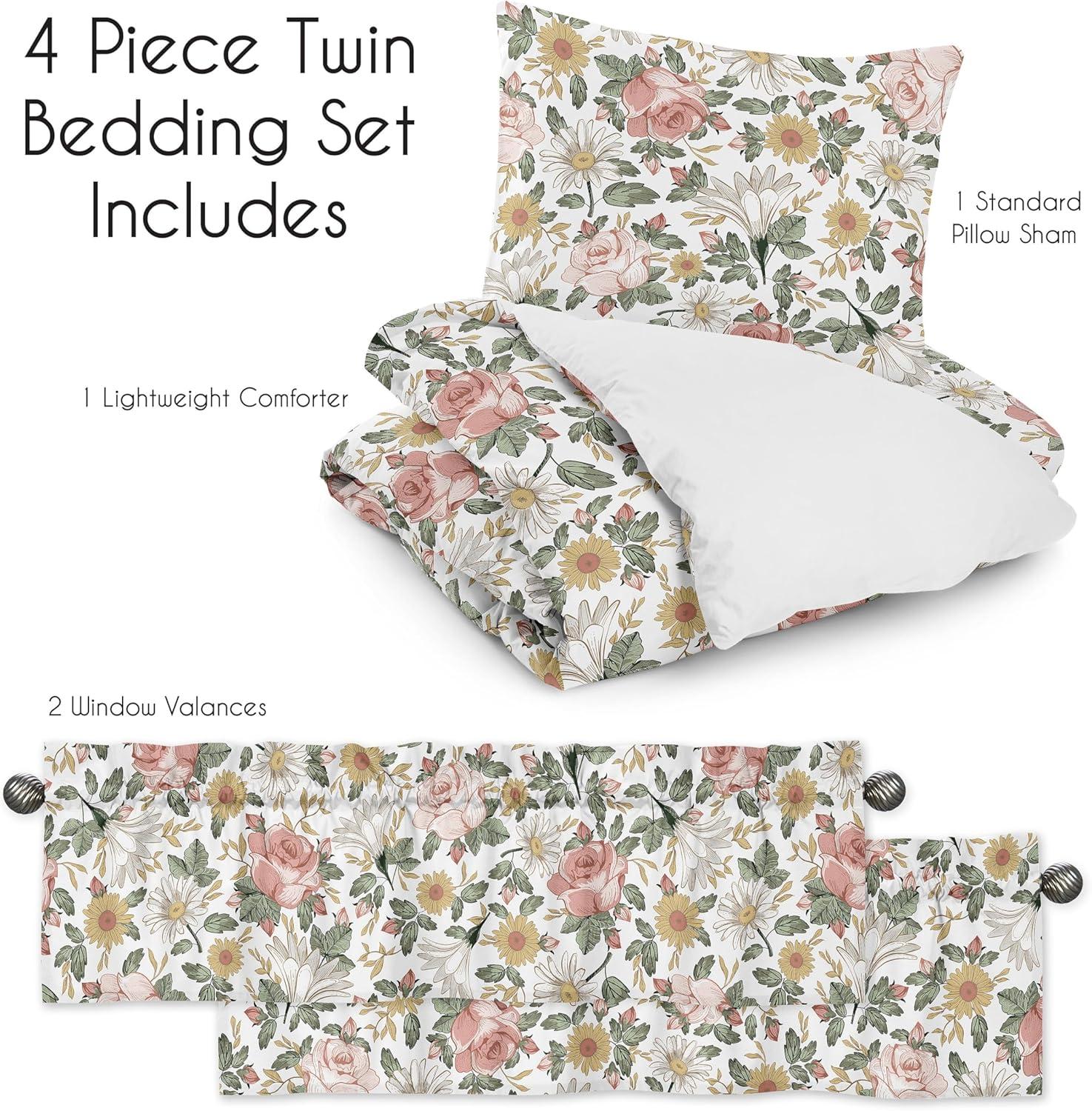 Sweet Jojo Designs Pink and Green Vintage Floral Rose Twin Bed Comforter Bedding Set