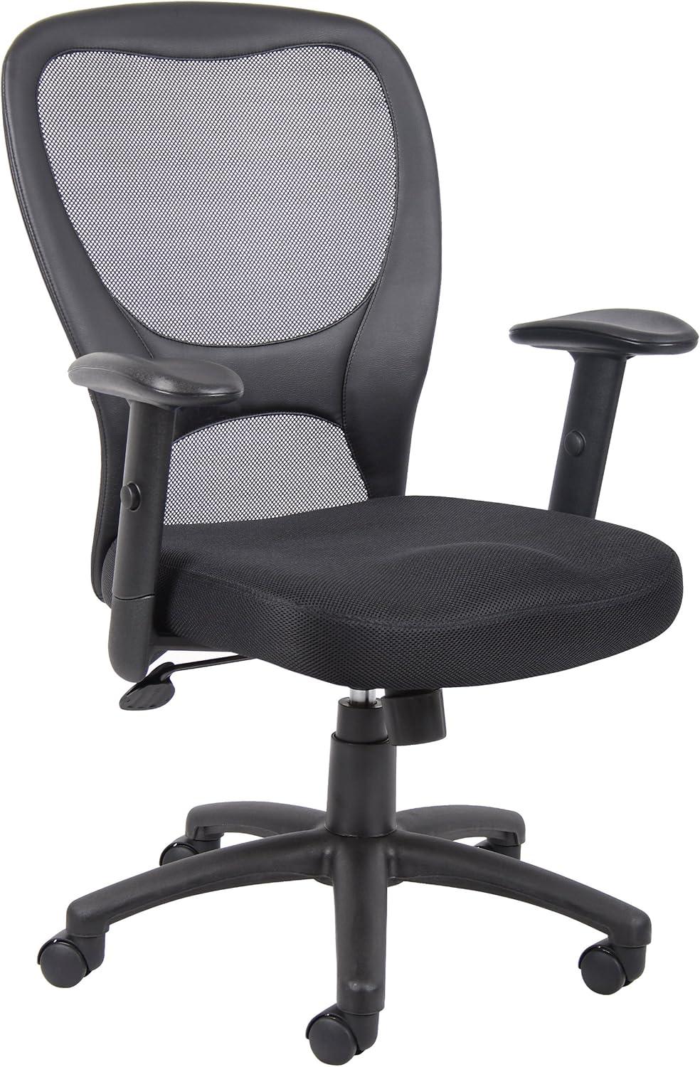 Mesh Task Chair with Adjustable Arms Black - Boss Office Products: Swivel, Ergonomic, Nylon Base