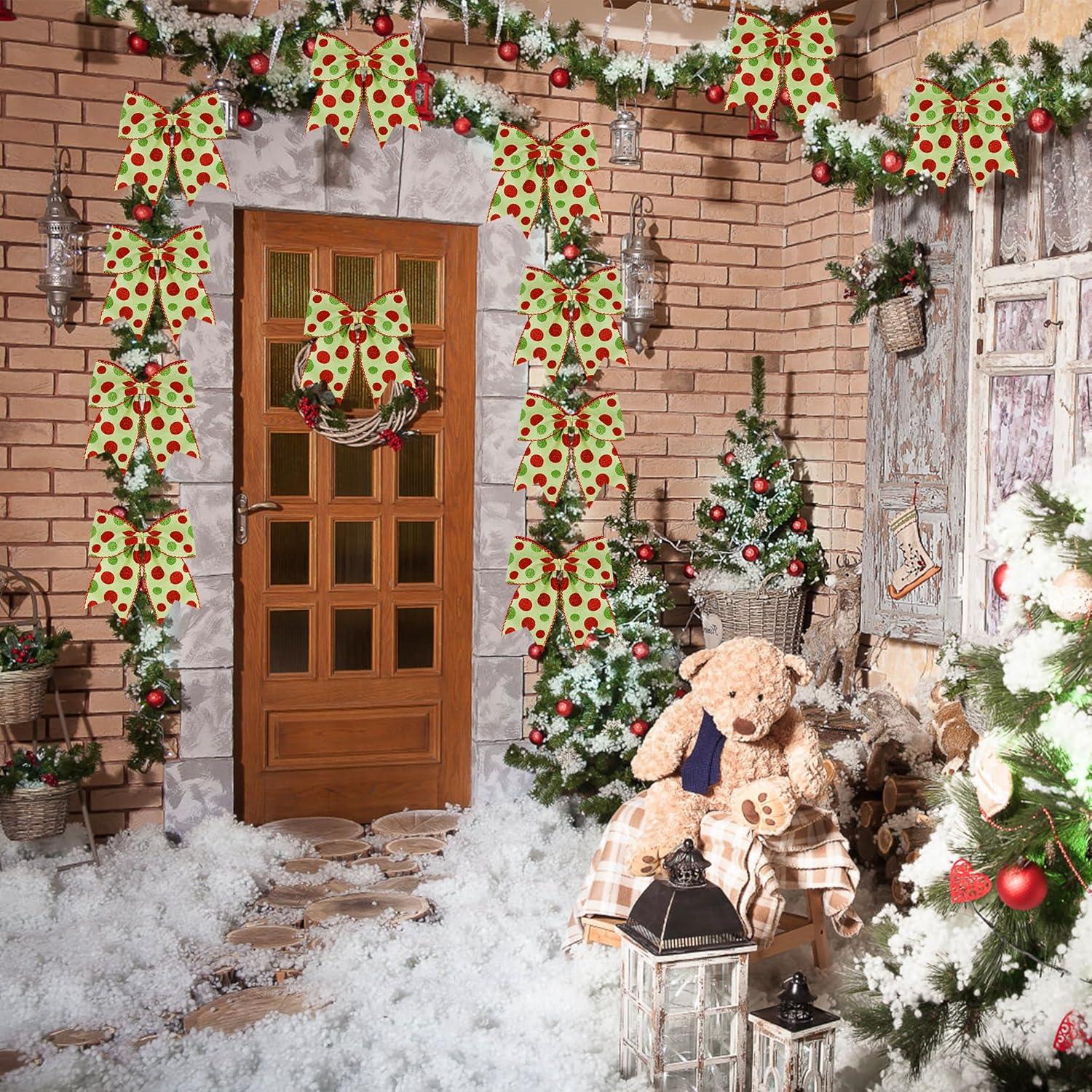 Sandistore Cute Cars 12pcs Christmas Tree Bows Ornaments 6 Inch Large Christmas Wreath Bows Red Green Xmas Tree Bows Christmas Glitter Dot Bows Ribbons Decoration For Garland Diamonds for Crafts