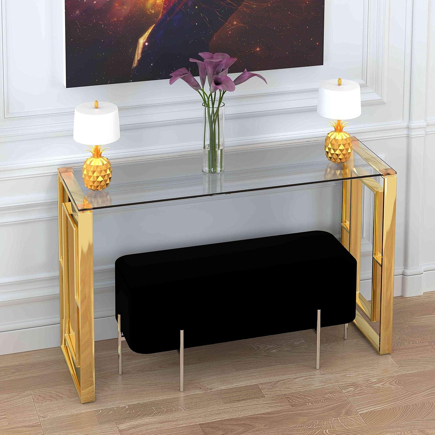 Cortesi Home Laila Console Table in Gold Stainless Steel and Clear Glass, 47"