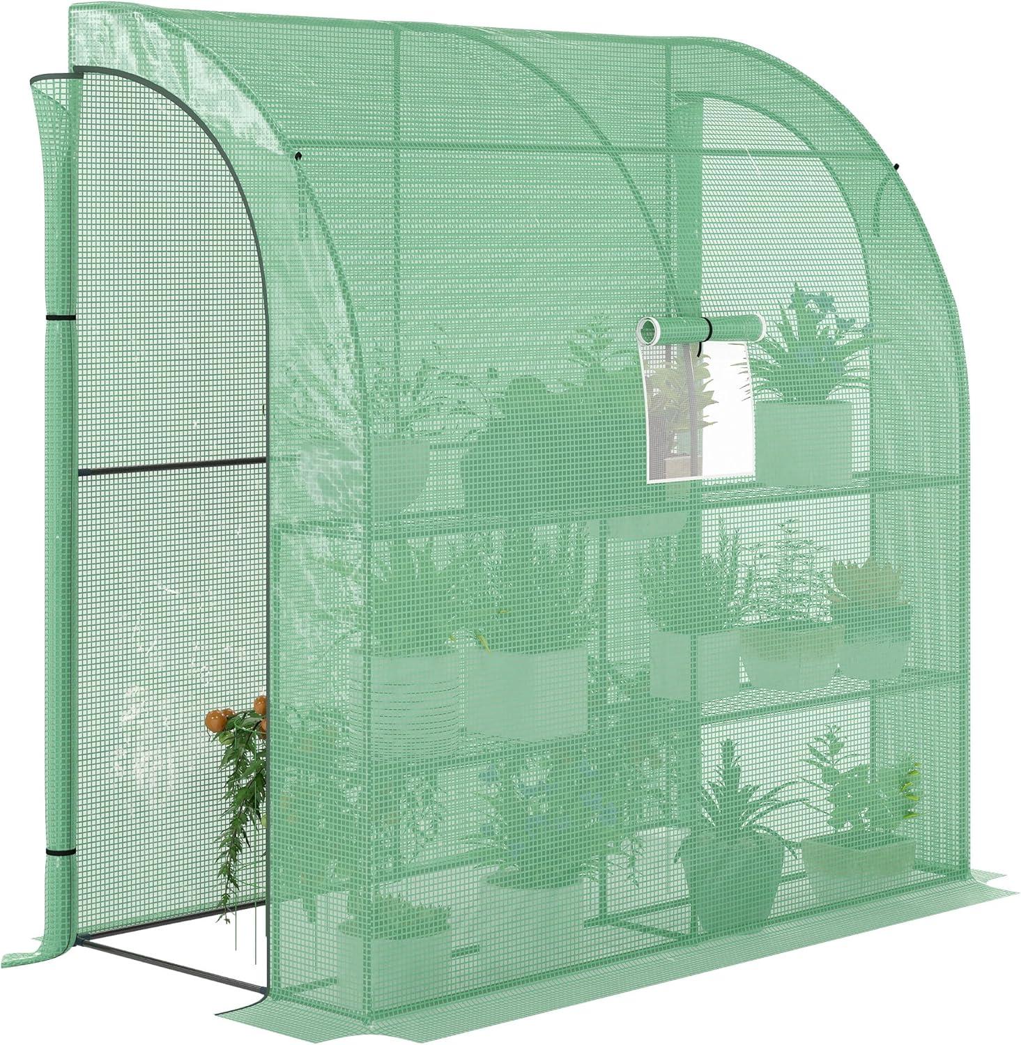 HLILish Outsunny 7' X 3' X 7' Lean To Greenhouse, Walk-In Green House, Plant Nursery With 2 Roll-Up Doors And Windows, PE Cover And 3 Wire Shelves