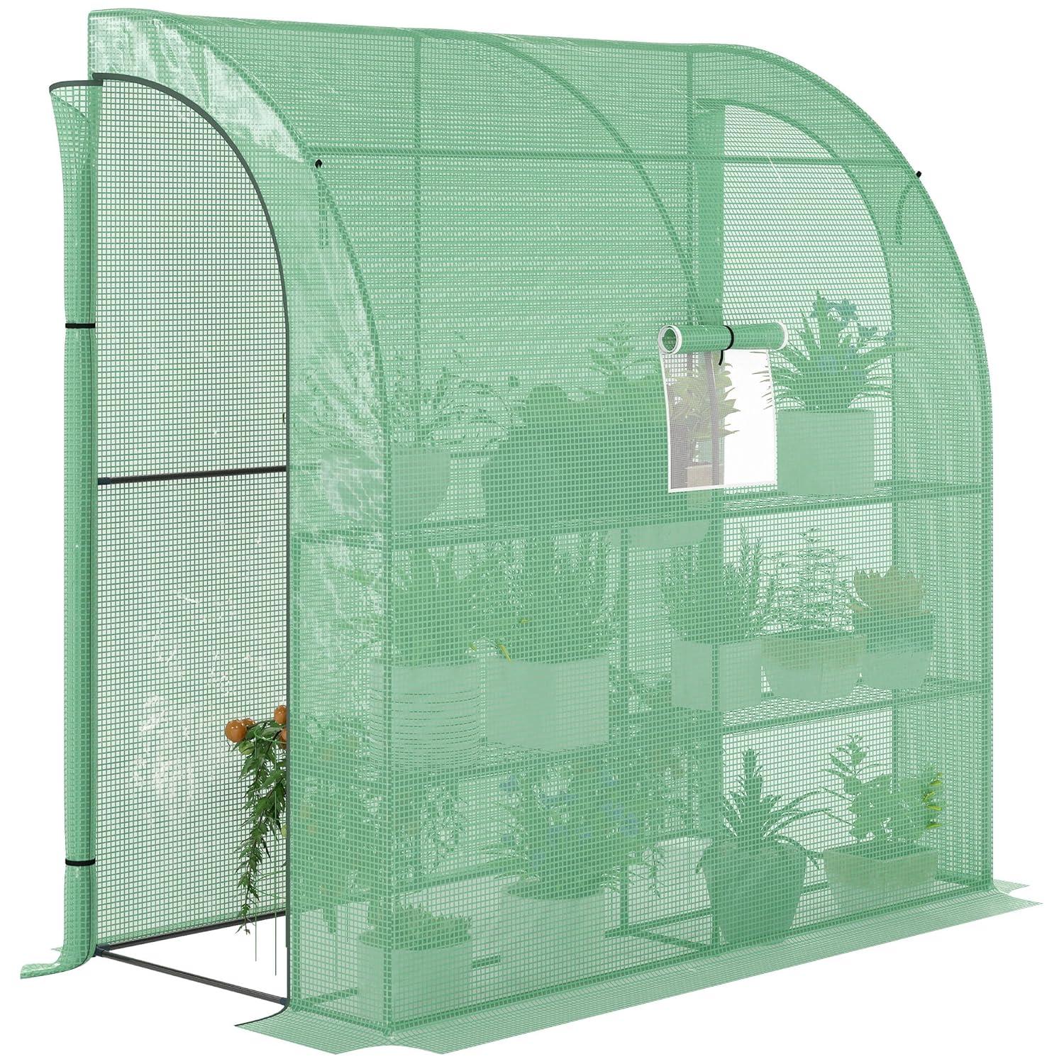 HLILish Outsunny 7' X 3' X 7' Lean To Greenhouse, Walk-In Green House, Plant Nursery With 2 Roll-Up Doors And Windows, PE Cover And 3 Wire Shelves