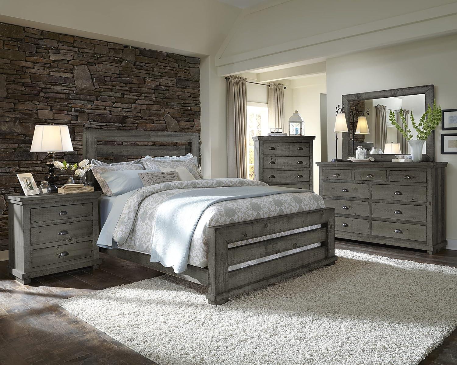 Transitional Gray Pine Queen Panel Bed with Upholstered Headboard