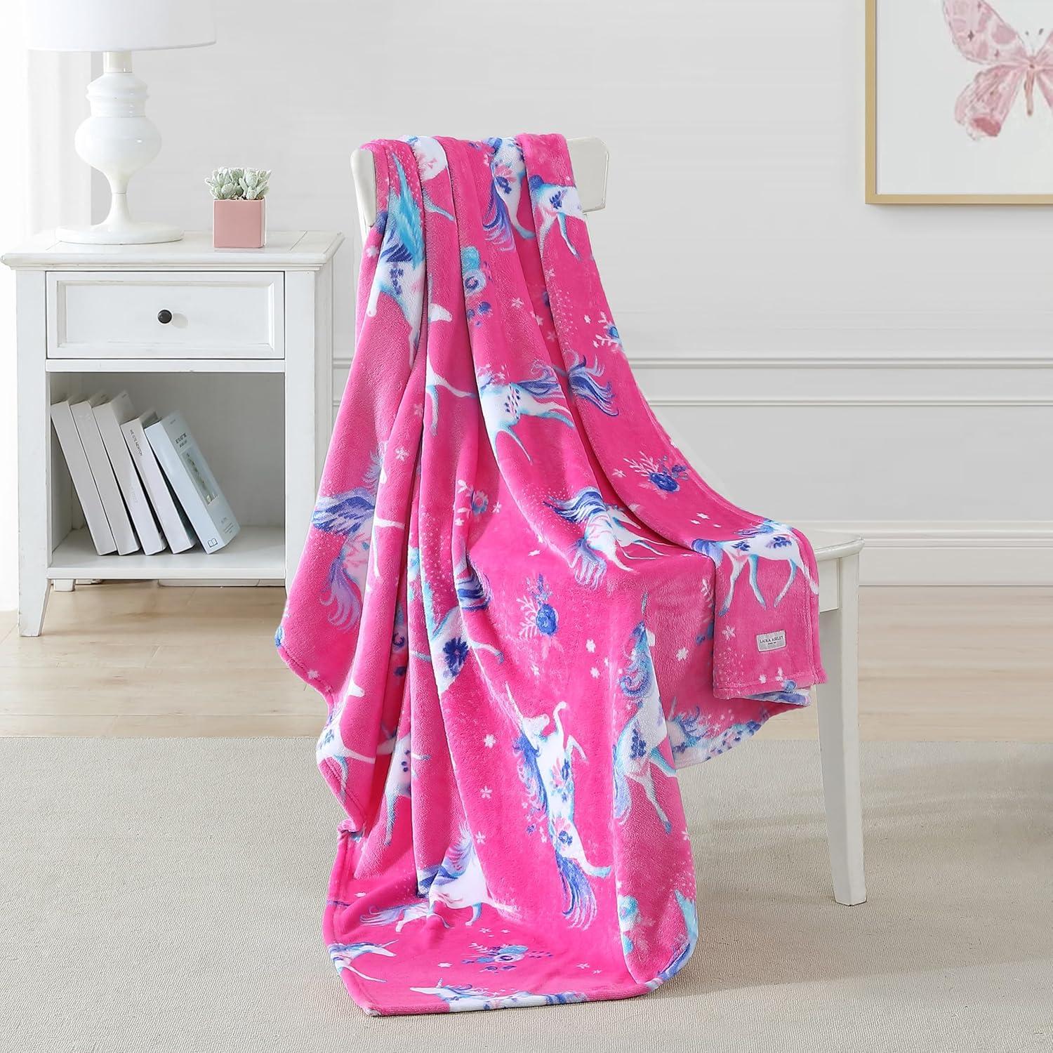 50"x60" LA Kids' Unicorn Utopia Ultra Soft Plush Throw Blanket Pink - Laura Ashley: Cozy Fleece, Hemstitched, OEKO-TEX Certified