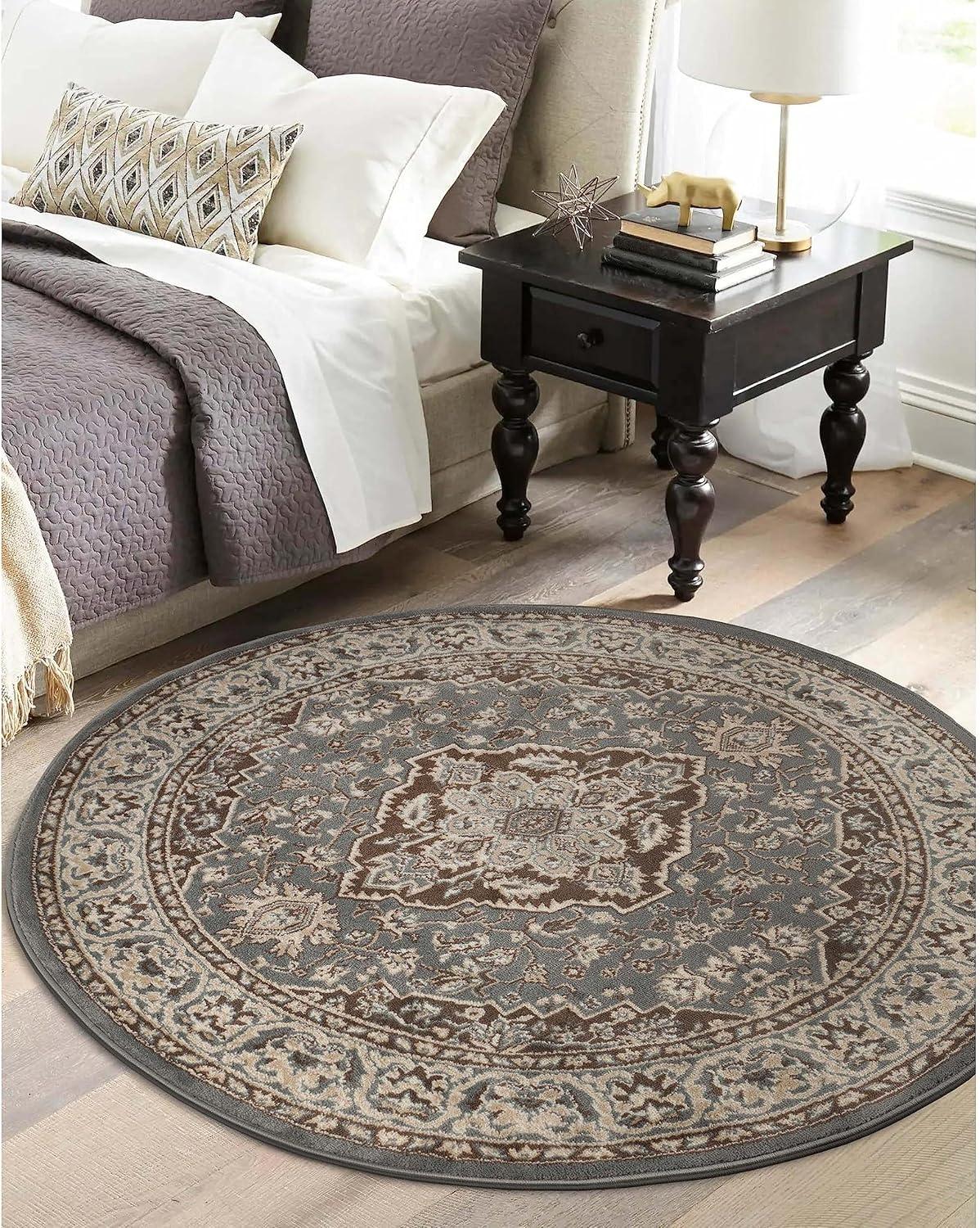 Gray Round Medallion Floral Scroll Synthetic Rug