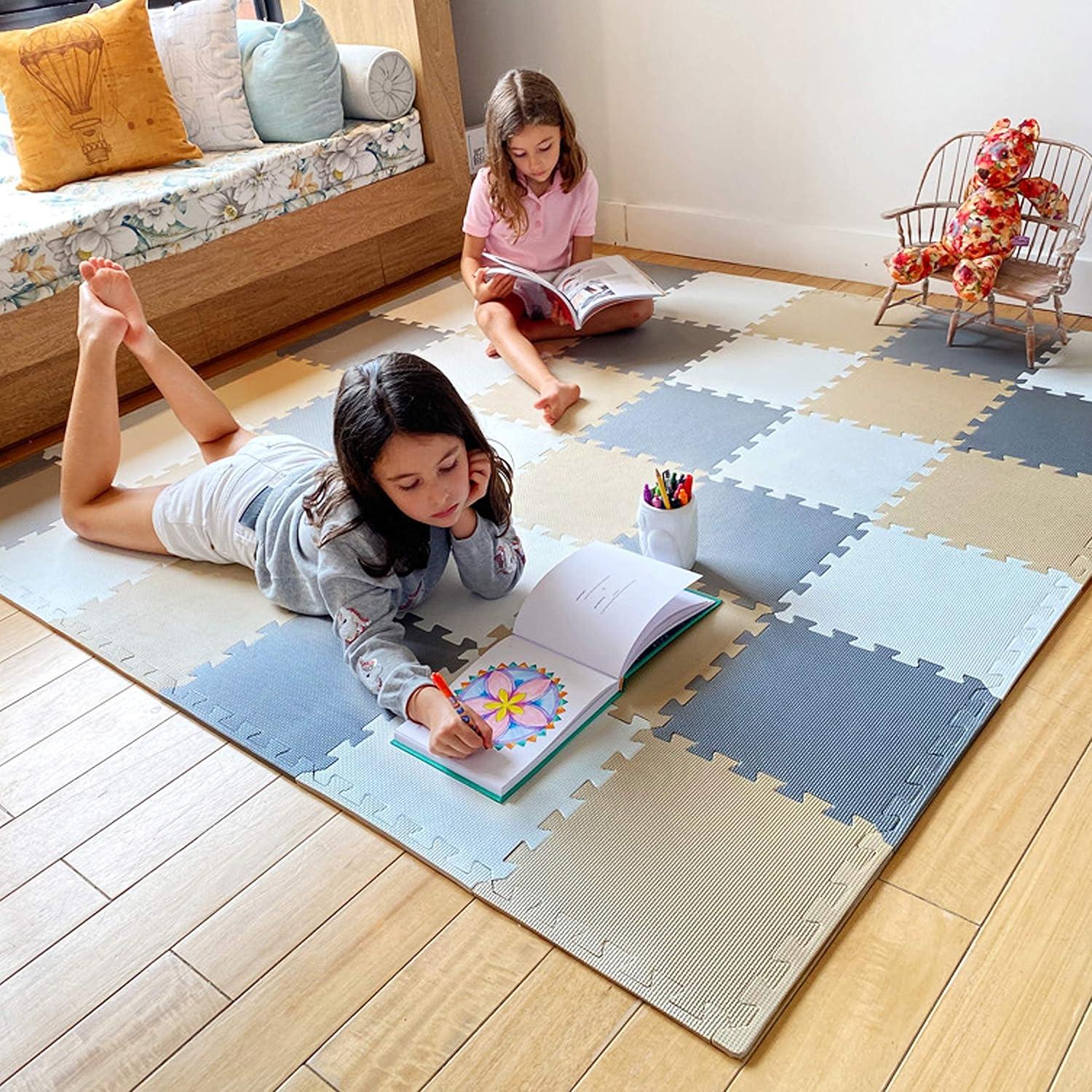 MioTetto Non-Toxic Foam Play Mat for Babies & Kids, Interlocking Puzzle Tiles, Cream-Gray-Beige, 18 Pieces – Perfect for Tummy Time, Crawling, Nursery, Playroom, or Gym