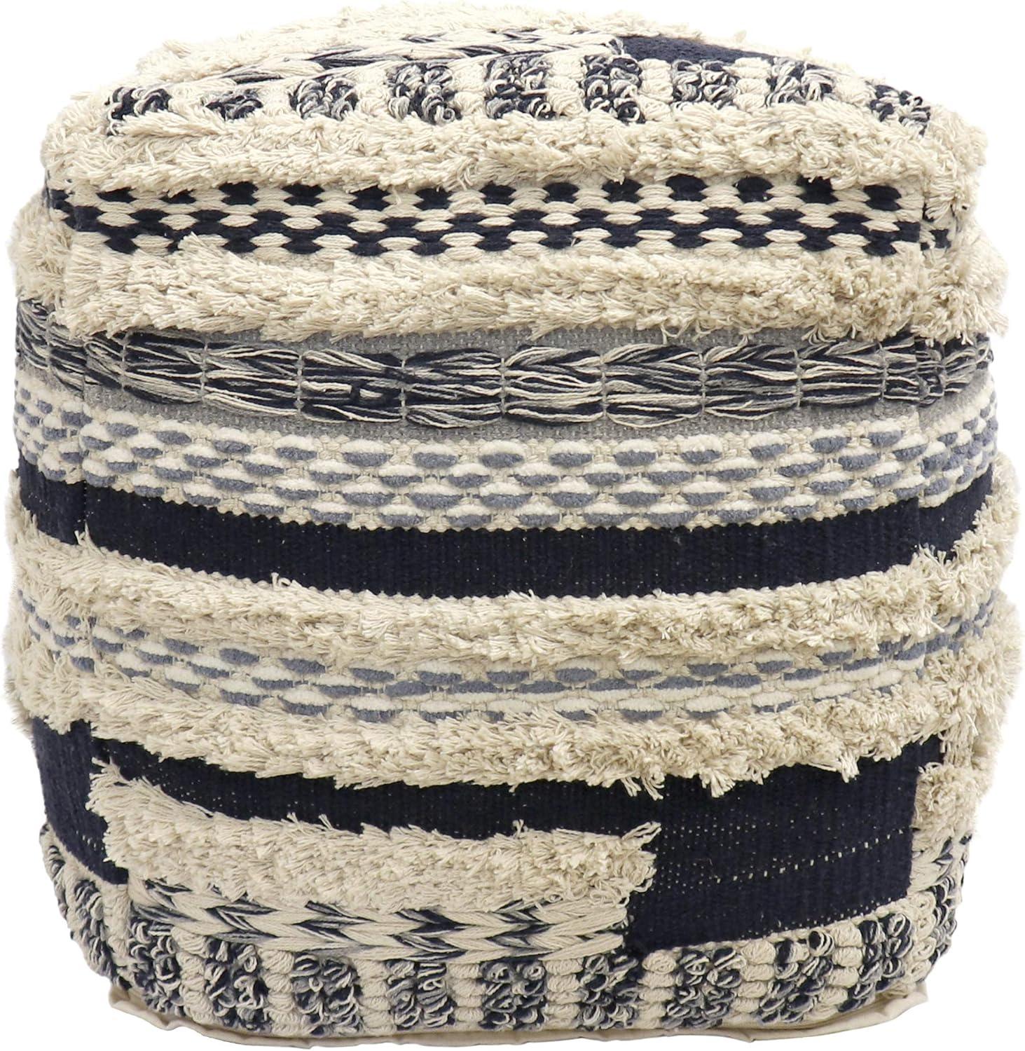 Navy and Beige Handwoven Cotton Shaggy Pouf