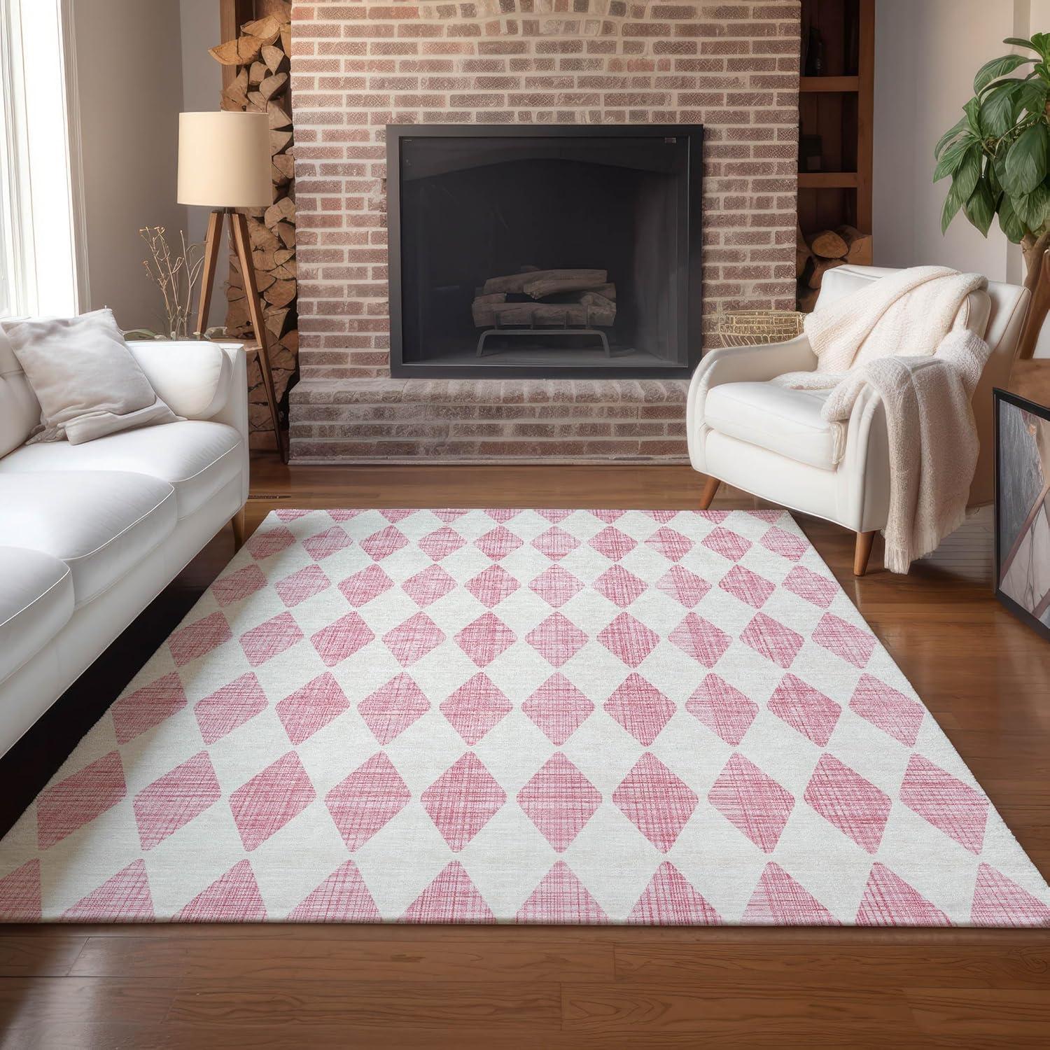 Pink Diamond Pattern Washable Indoor Outdoor Rug