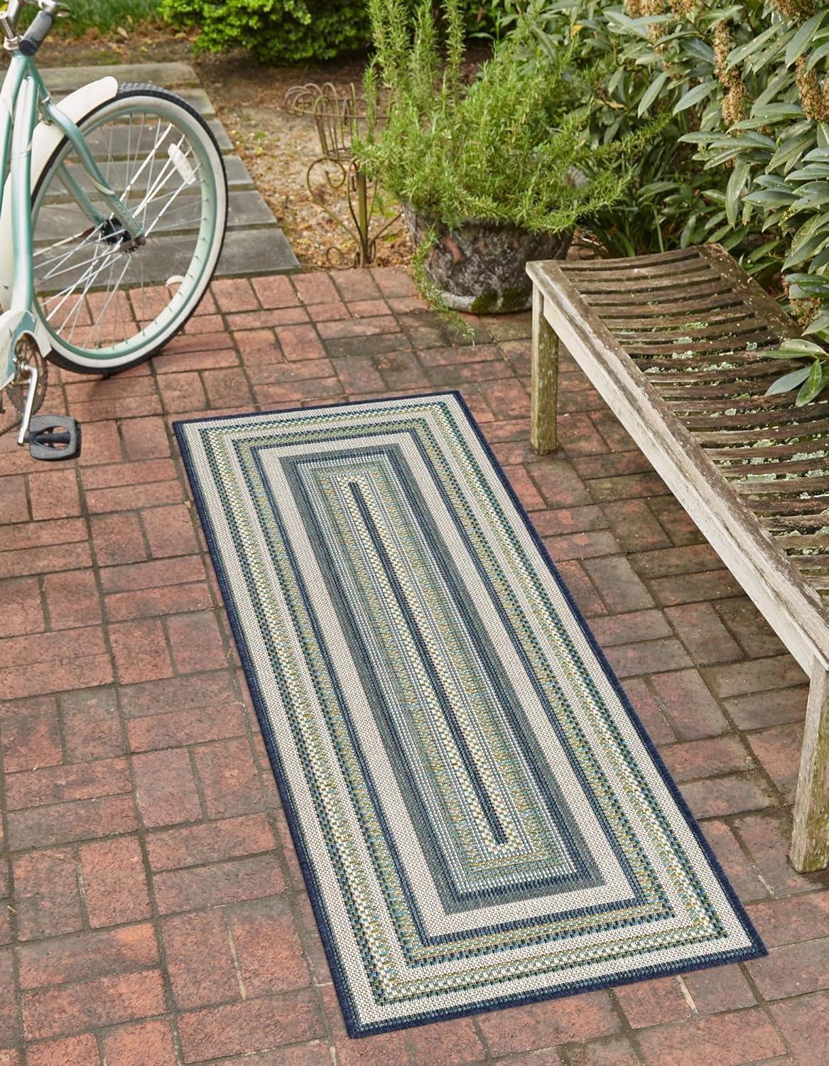 Rugs.com Baja Outdoor Collection Rug – 10 Ft Runner Blue Medium-Pile Rug Perfect for Hallways, Entryways