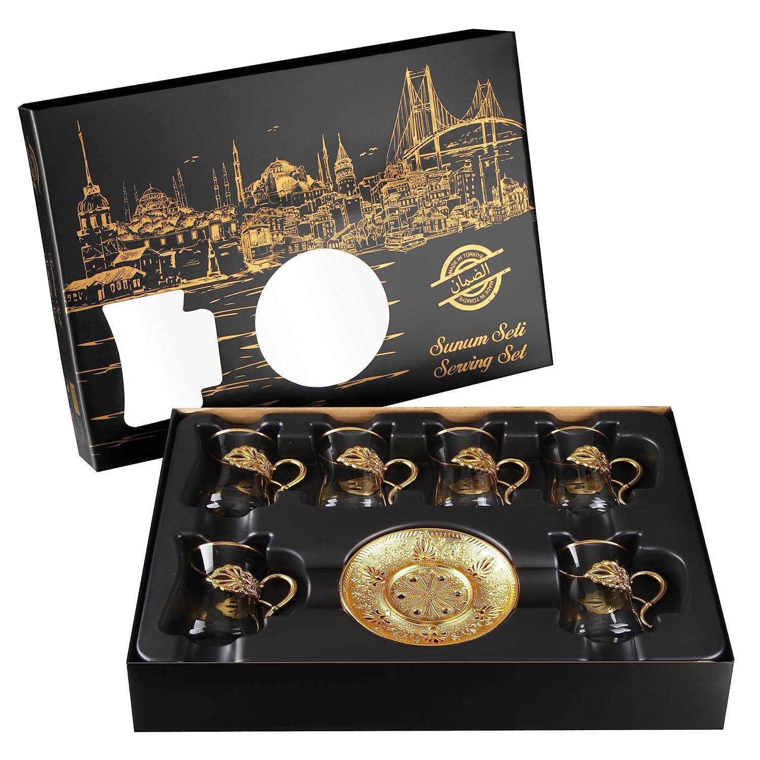 Sefa Turkish Tea Glass Set of 6 | Turkish Tea Glasses with Holders | Turkish Tea Glasses with Saucers | Turkish Tea Cups, Gold, 5 oz