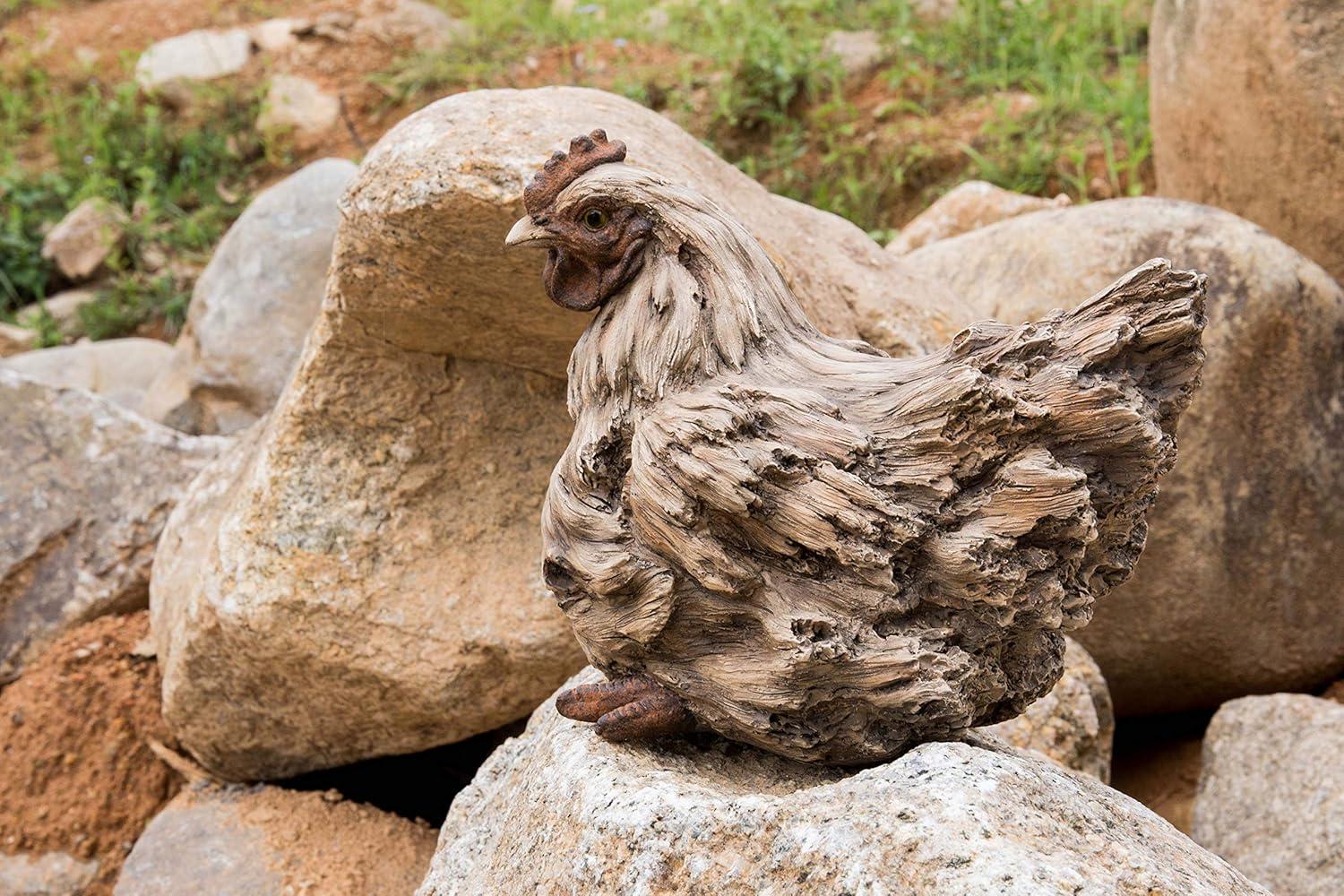 Rustic Driftwood Polyresin Squatting Hen Statue