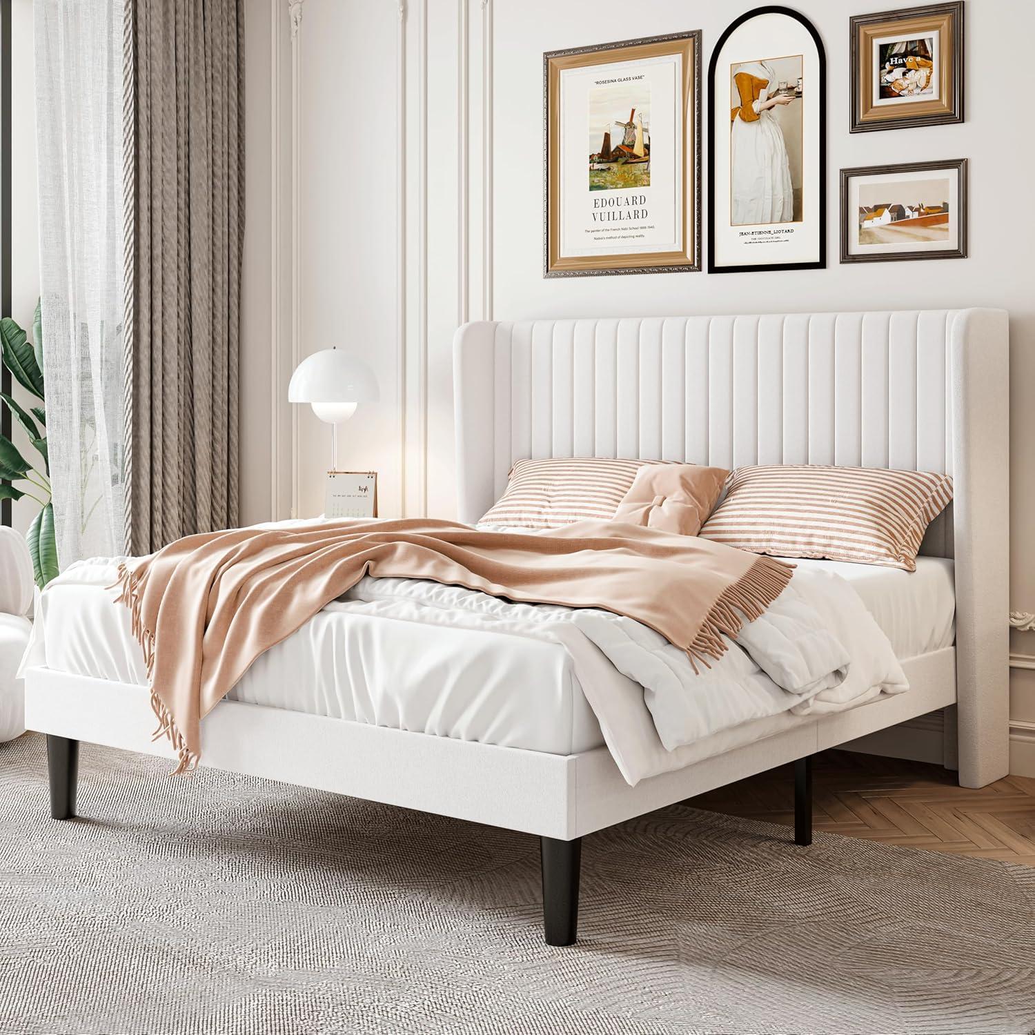 White Velvet Upholstered Queen Bed Frame with Tufted Headboard