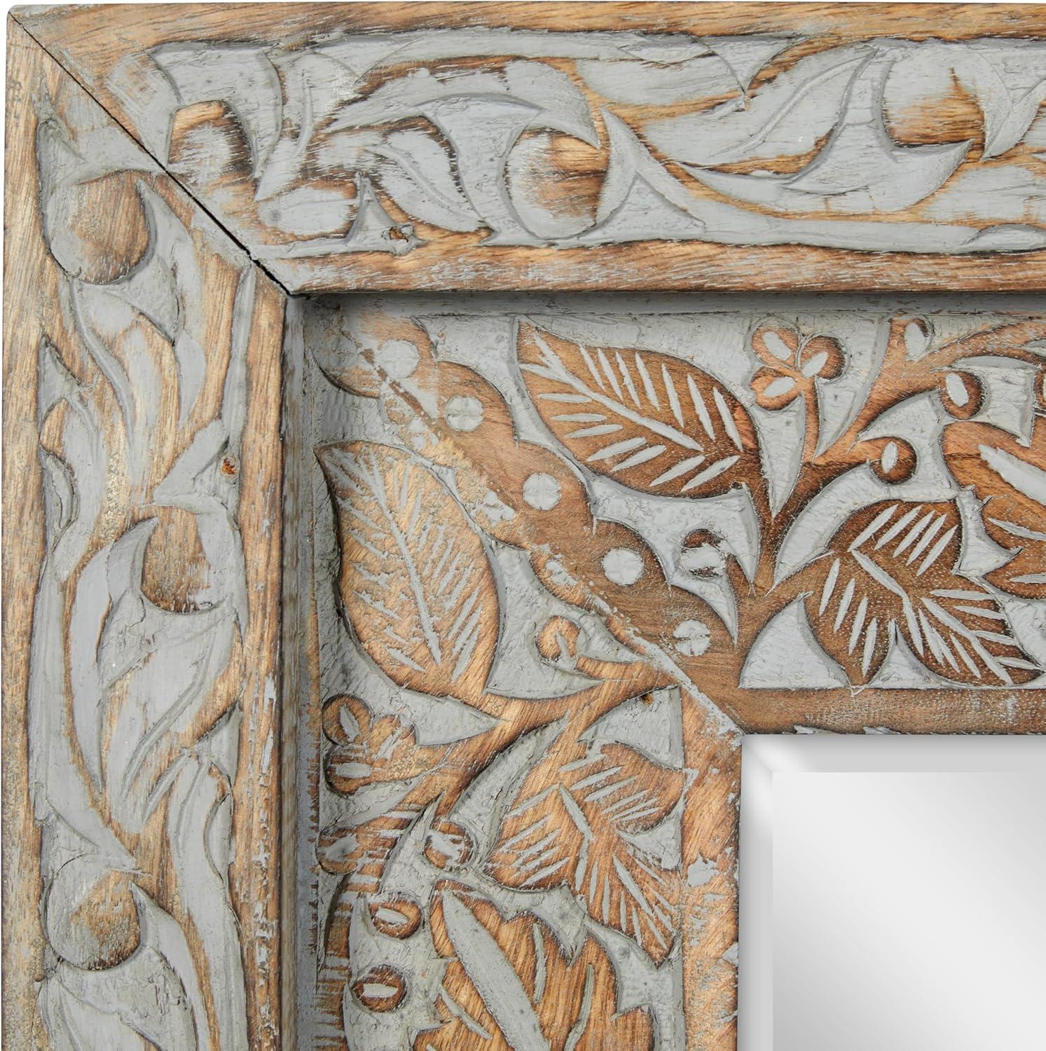 DecMode 36" x 48" Gray Handmade Intricately Carved Floral Wall Mirror