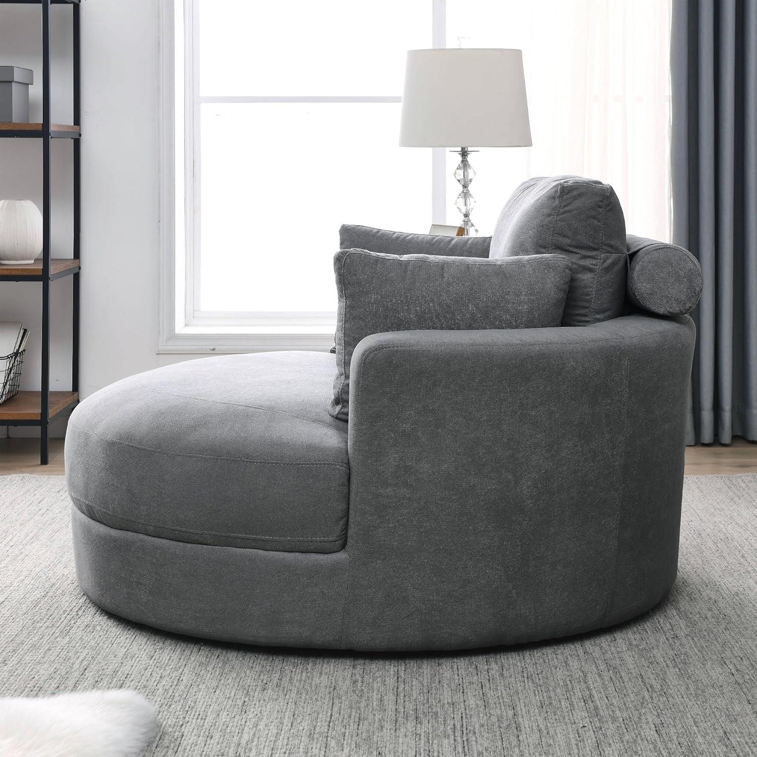 Dark Gray Linen Swivel Barrel Chair with Ottoman