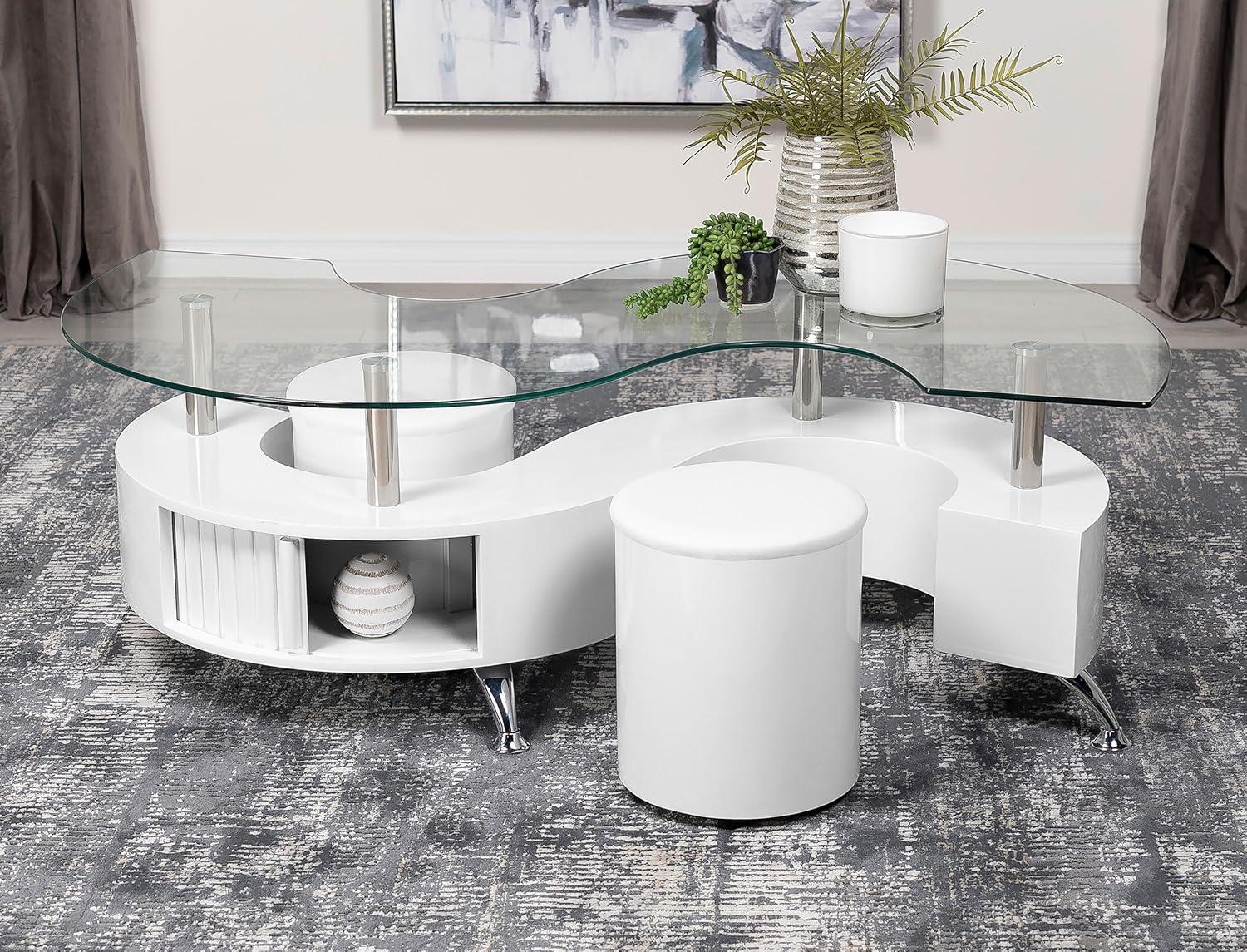 Coaster Buckley Wood Curved Glass Top Coffee Table With Stools in White