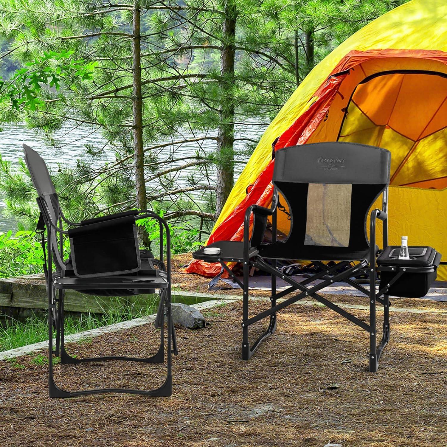 Black Folding Camping Director Chair with Cooler Bag and Side Table