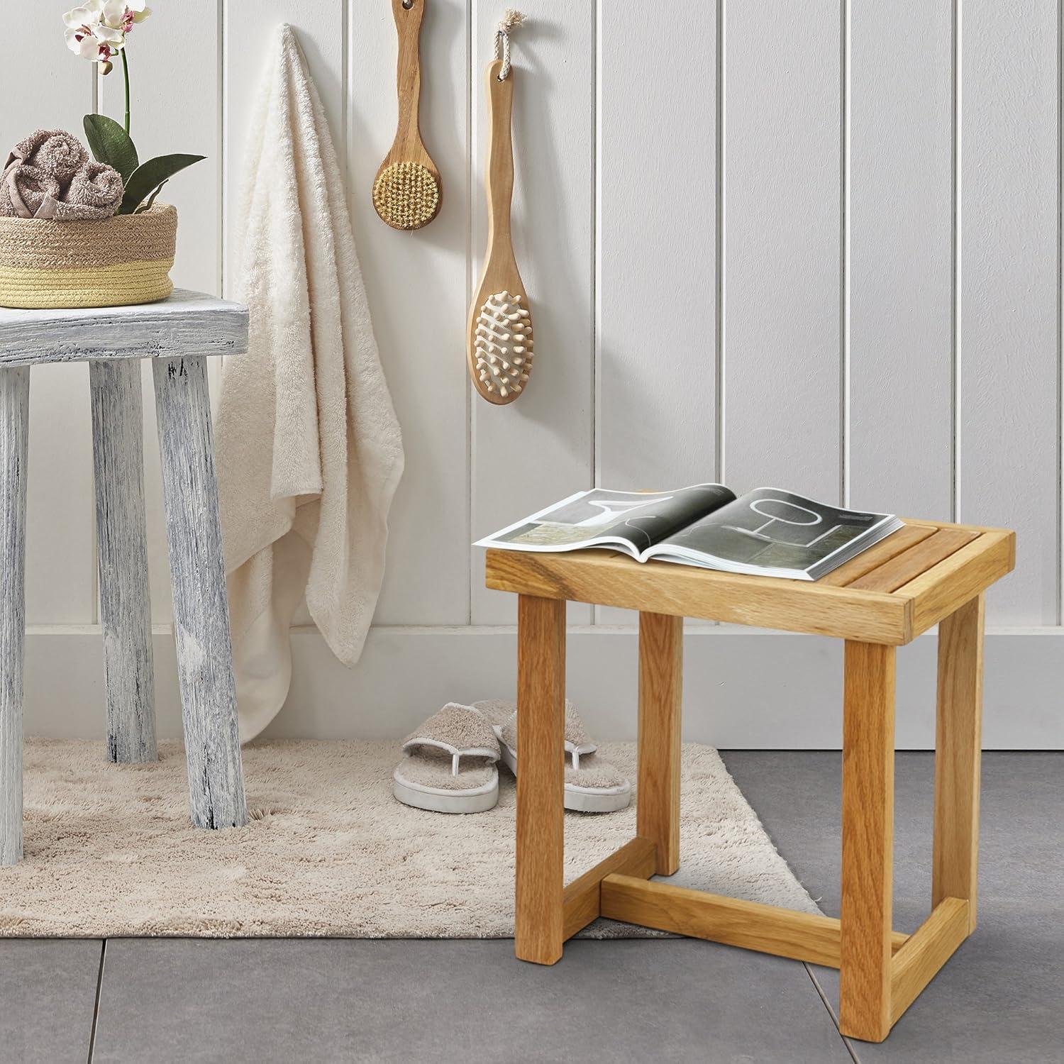 18" Natural Oak Wood Shower Bench with Slatted Seat