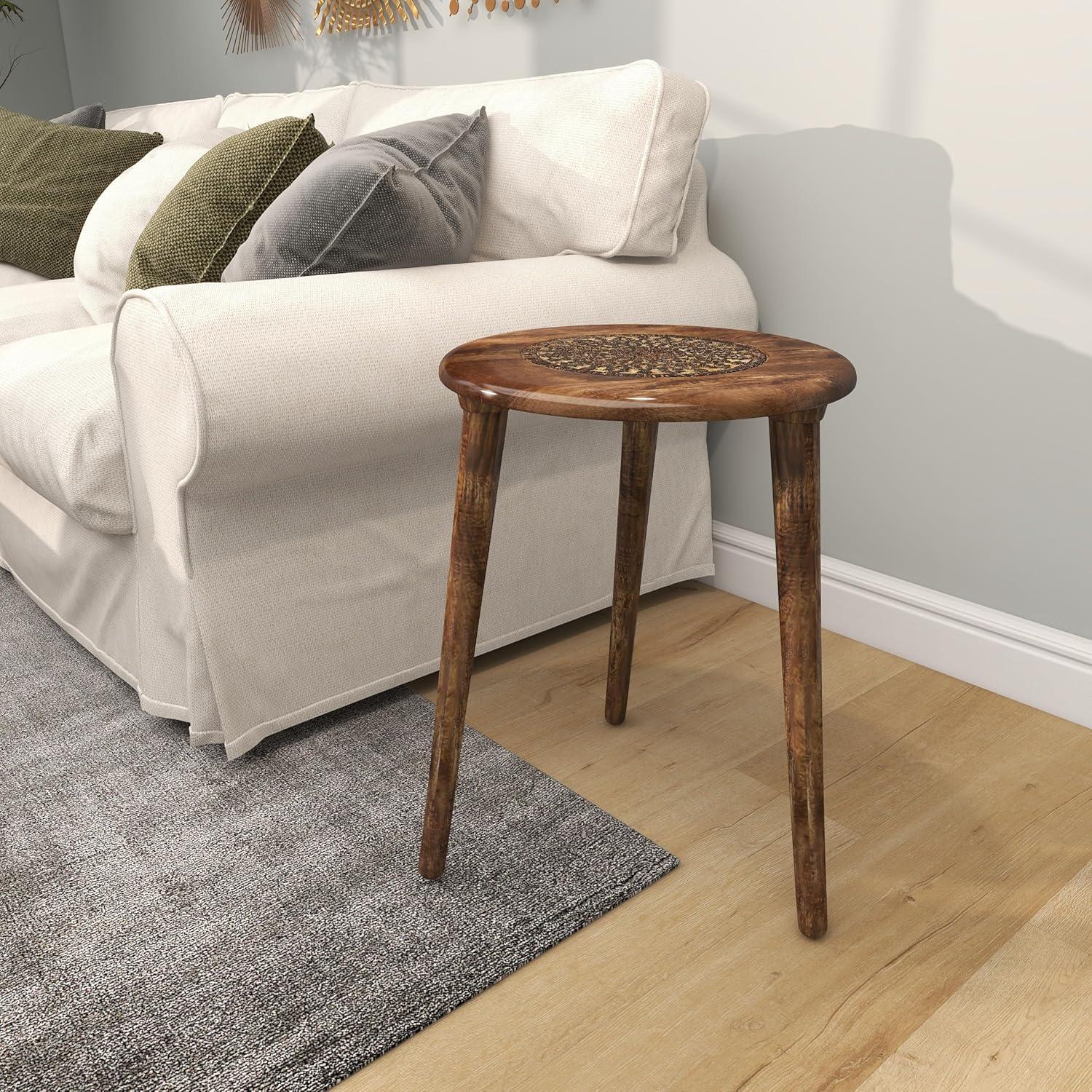 Handcrafted Dark Brown Mango Wood Floral Carved Round Accent Table