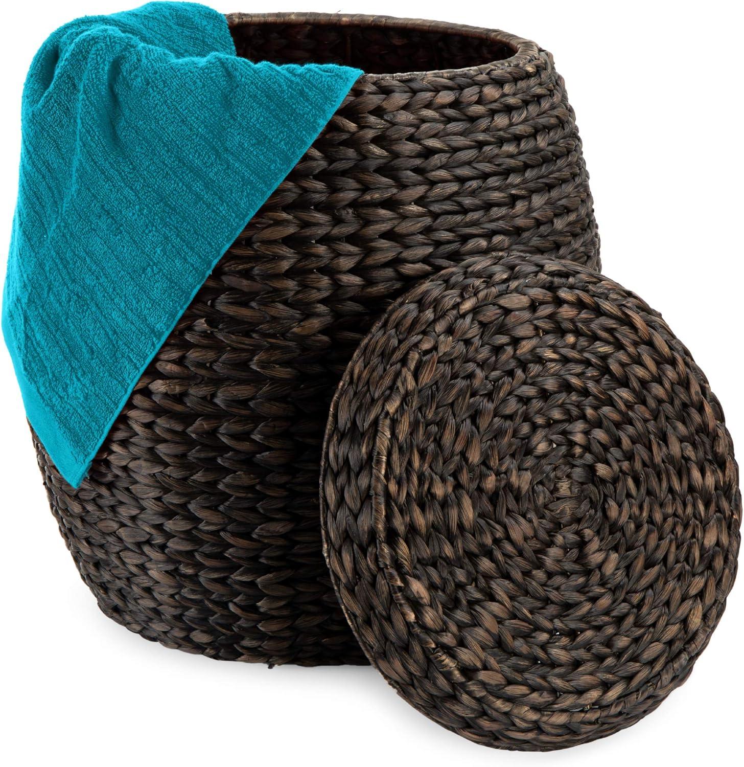 Brown Handwoven Hyacinth Round Storage Basket with Lid