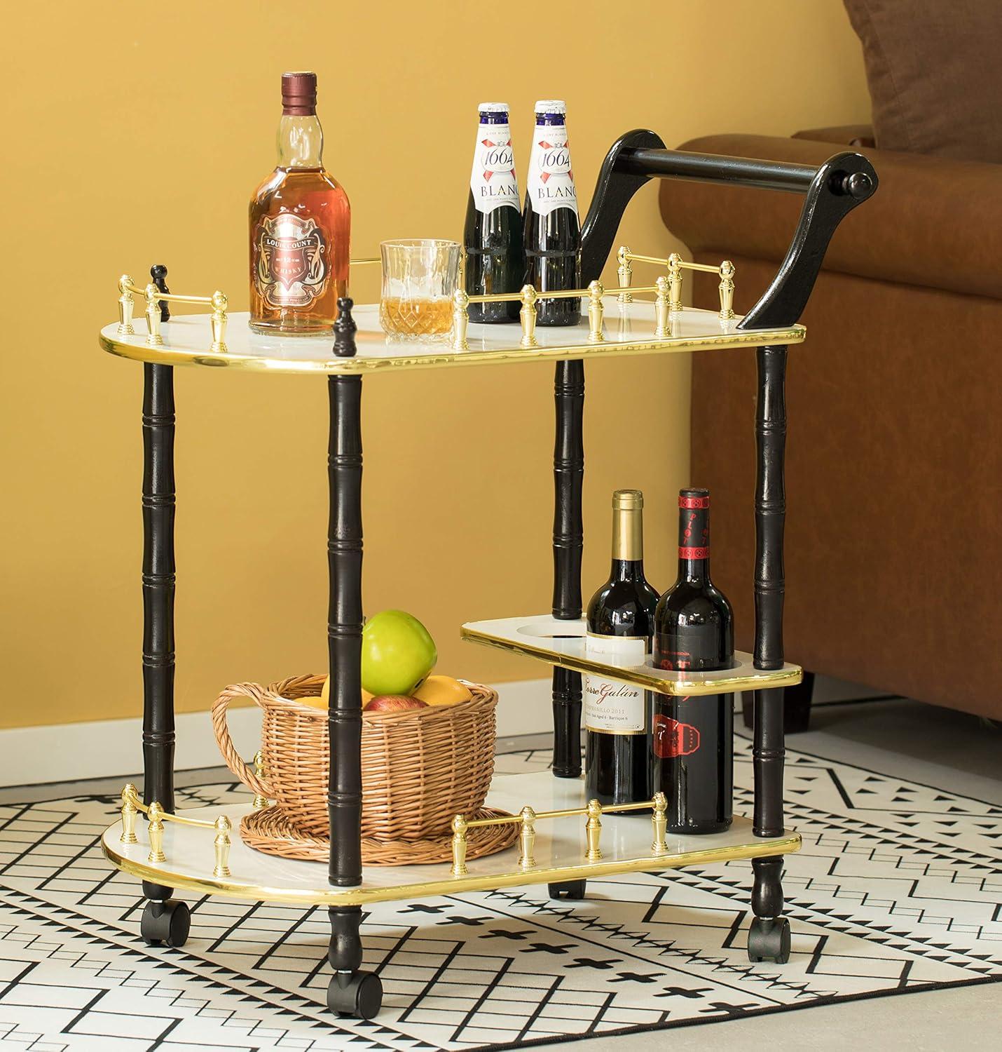 Wood Serving Bar Cart Tea Trolley with 2 Tier Shelves and Rolling Wheels