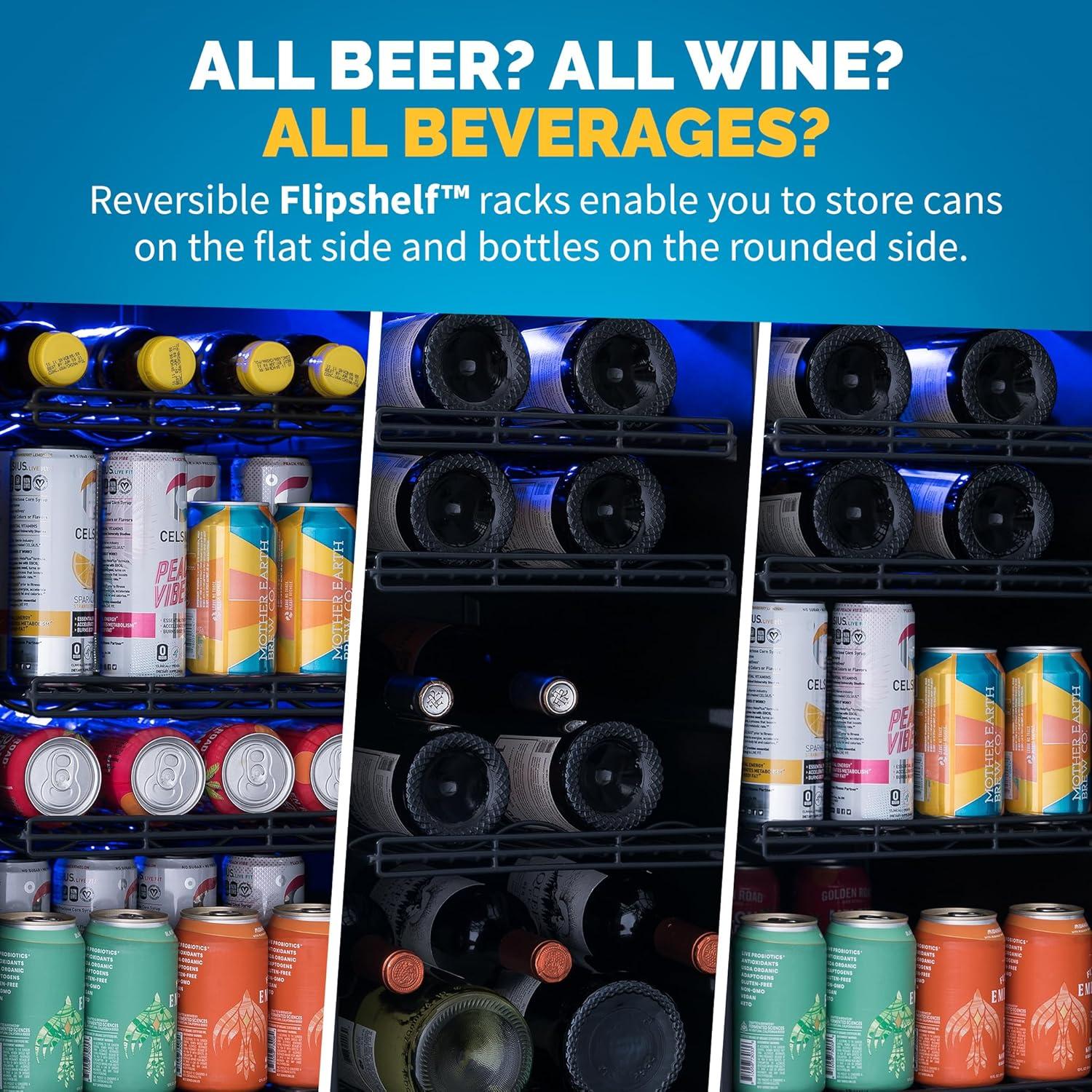 Newair 15" FlipShelf Wine and Beverage Refrigerator, Reversible Shelves Hold 80 Cans or 33 Bottles