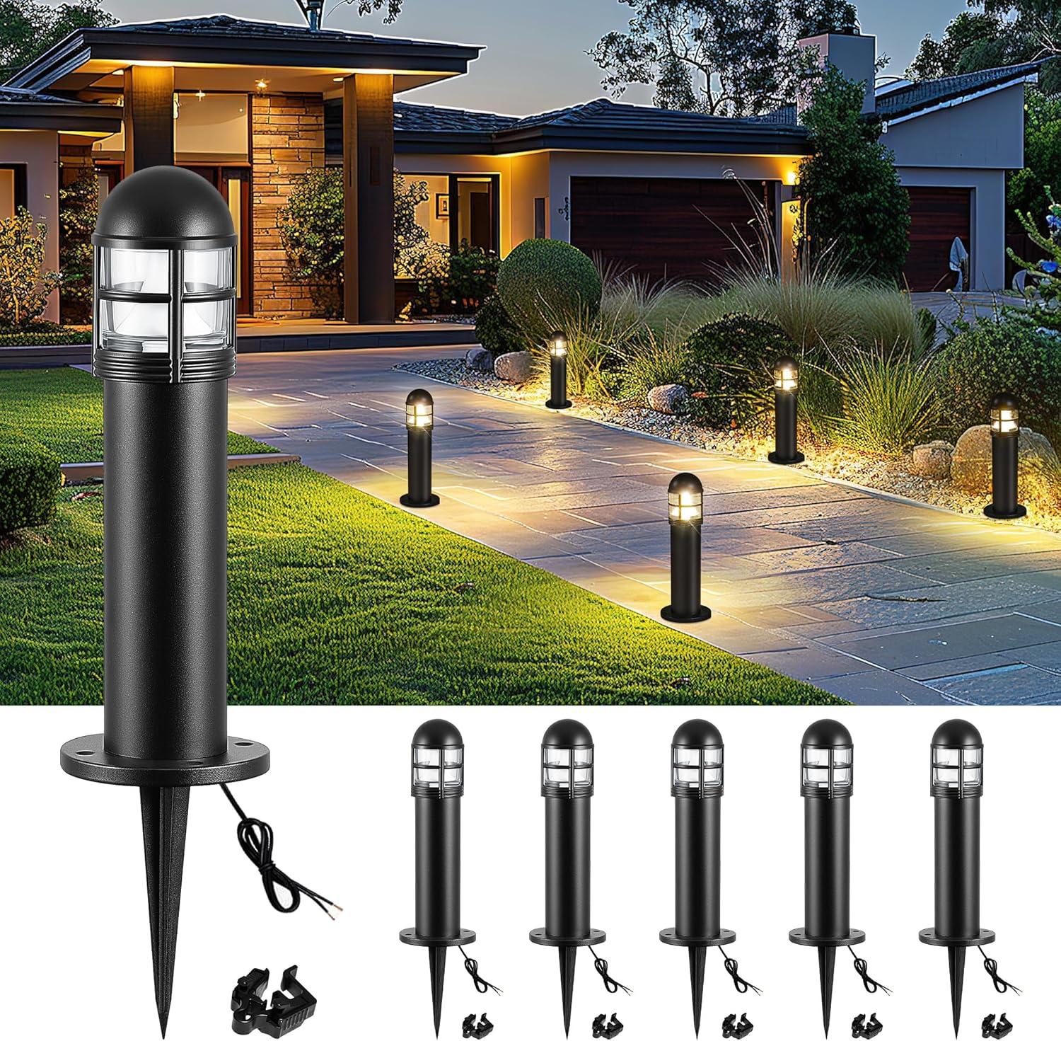 6 Pack Low Voltage Landscape Pathway Lights, 12V LED Bollard Light IP67 Waterproof, Outdoor Driveway Walkway Wired Lights (Included Connector) - Yard Garden Lawn, 2700K Warm White