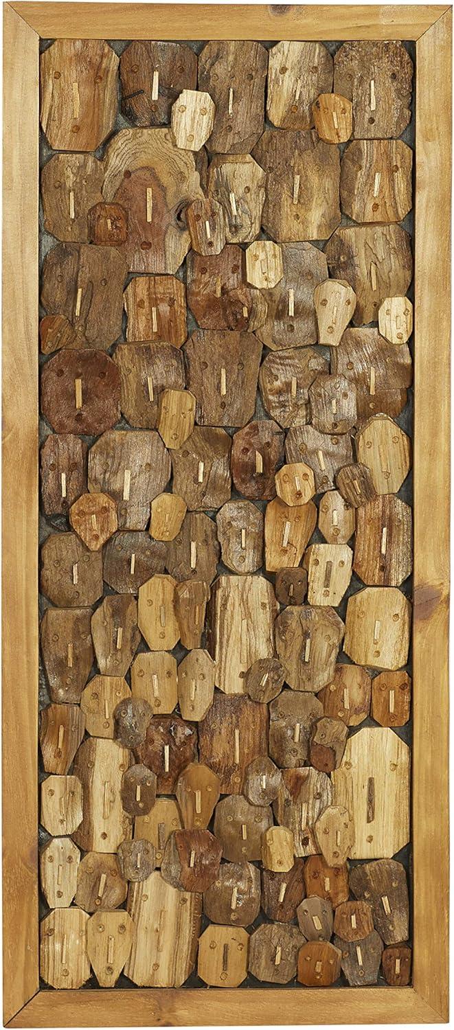 DecMode Brown Teak Wood Handmade Carved Faces Abstract Wall Decor