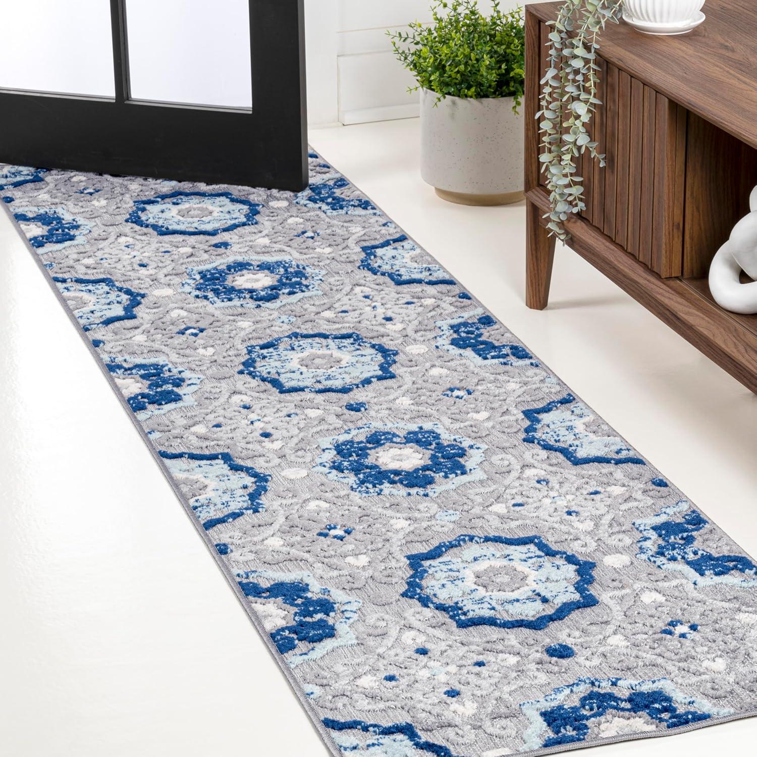 4'x6' Mediterranean Medallion Indoor/Outdoor Area Rug, Blue/Gray - JONATHAN Y