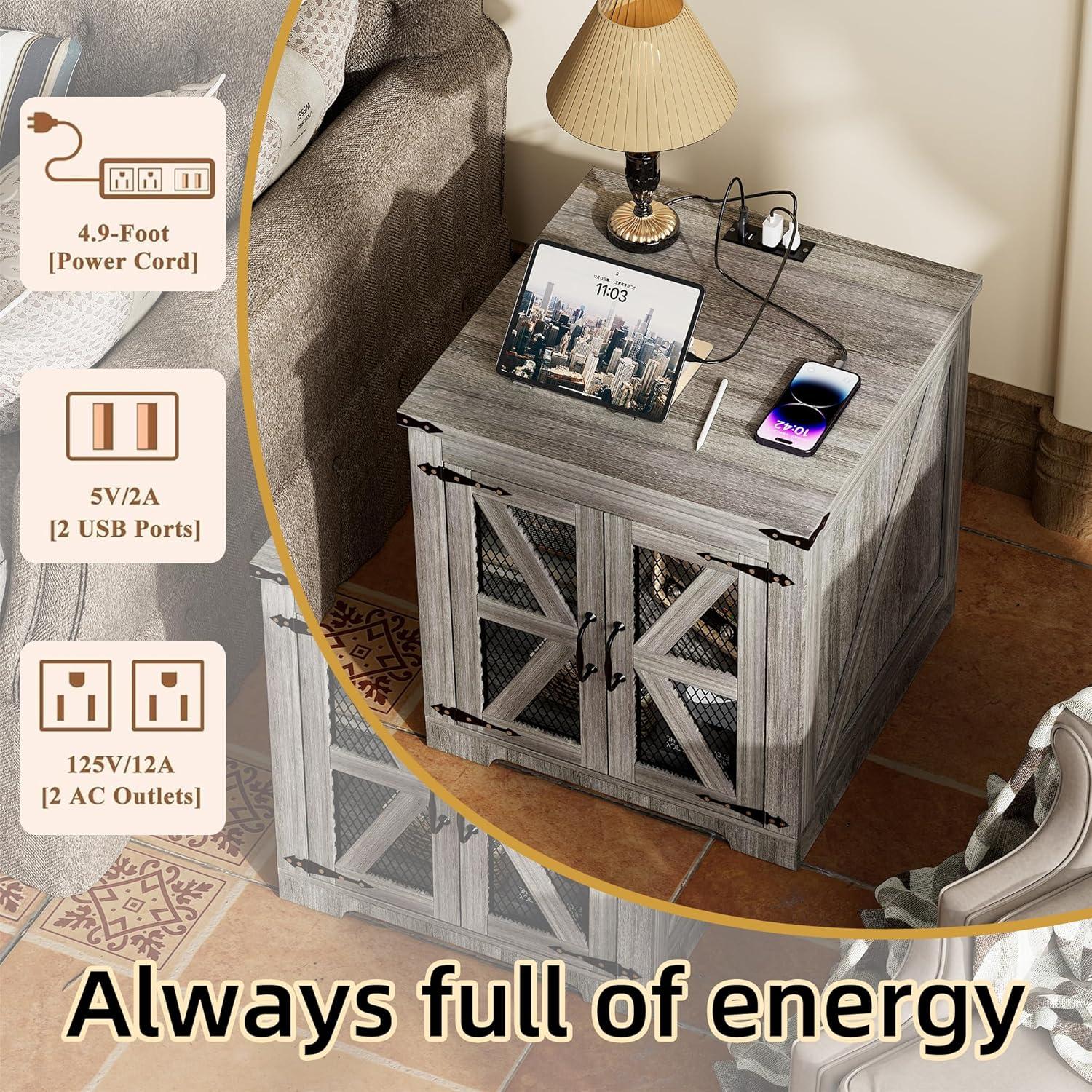 Rustic Gray Wood Farmhouse End Table with Charging Station