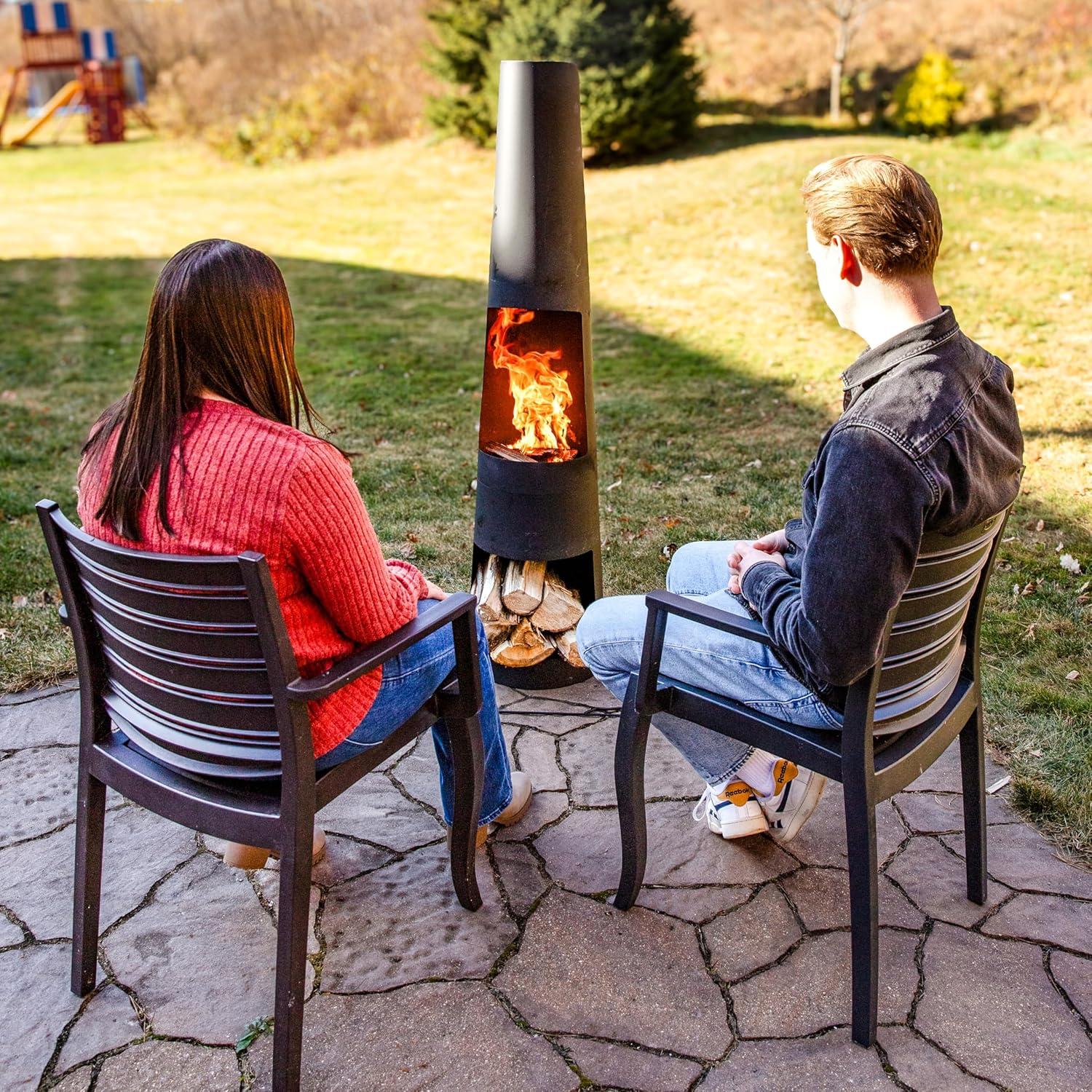 Sunnydaze Steel Chiminea with Built-In Log Holder - Black - 59" H