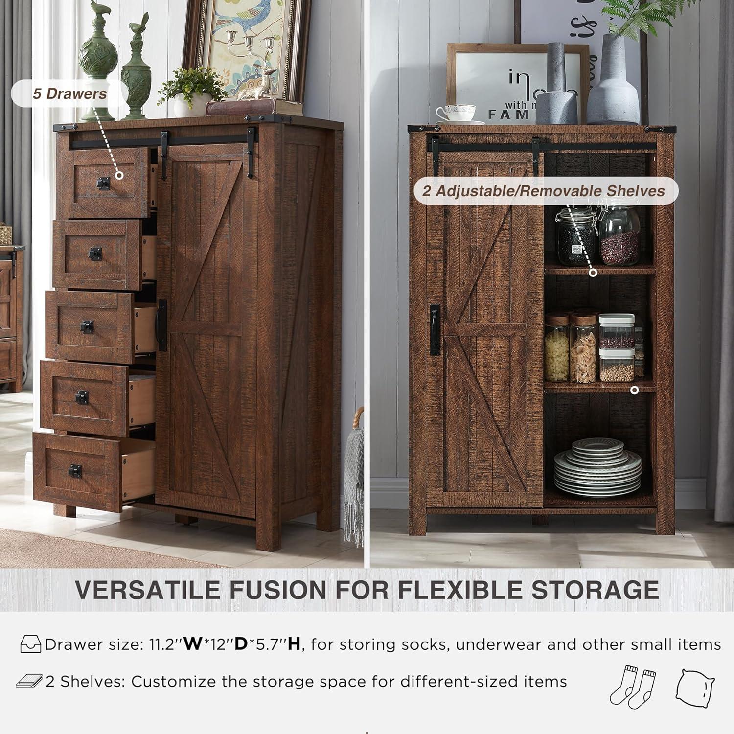 Farmhouse 5 Chest of Drawers, Tall Drawers Dresser with Sliding Barn Door