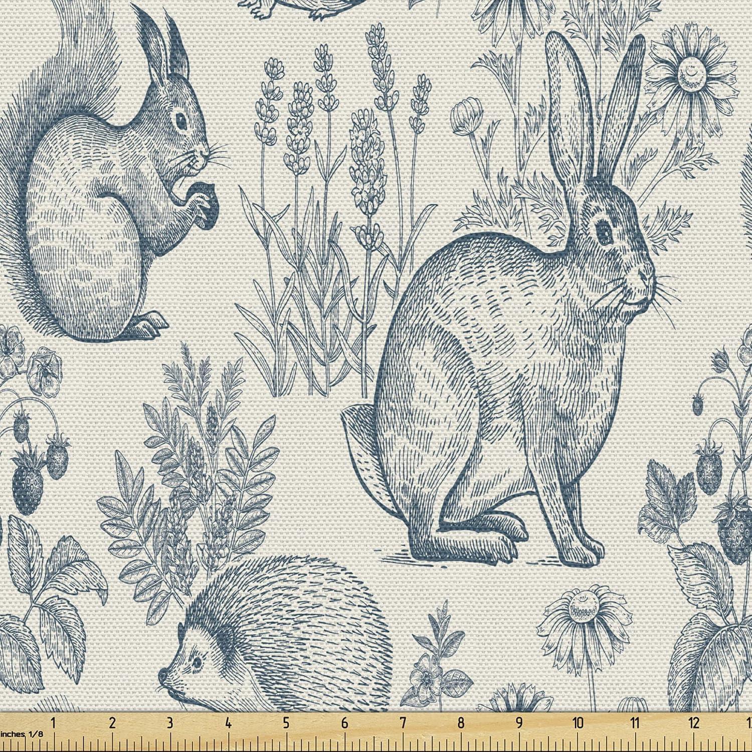 Ambesonne Animal Fabric by the Yard Upholstery, Bunnies Hedgehog Flowers, 1 Yard, Eggshell and Dark Teal