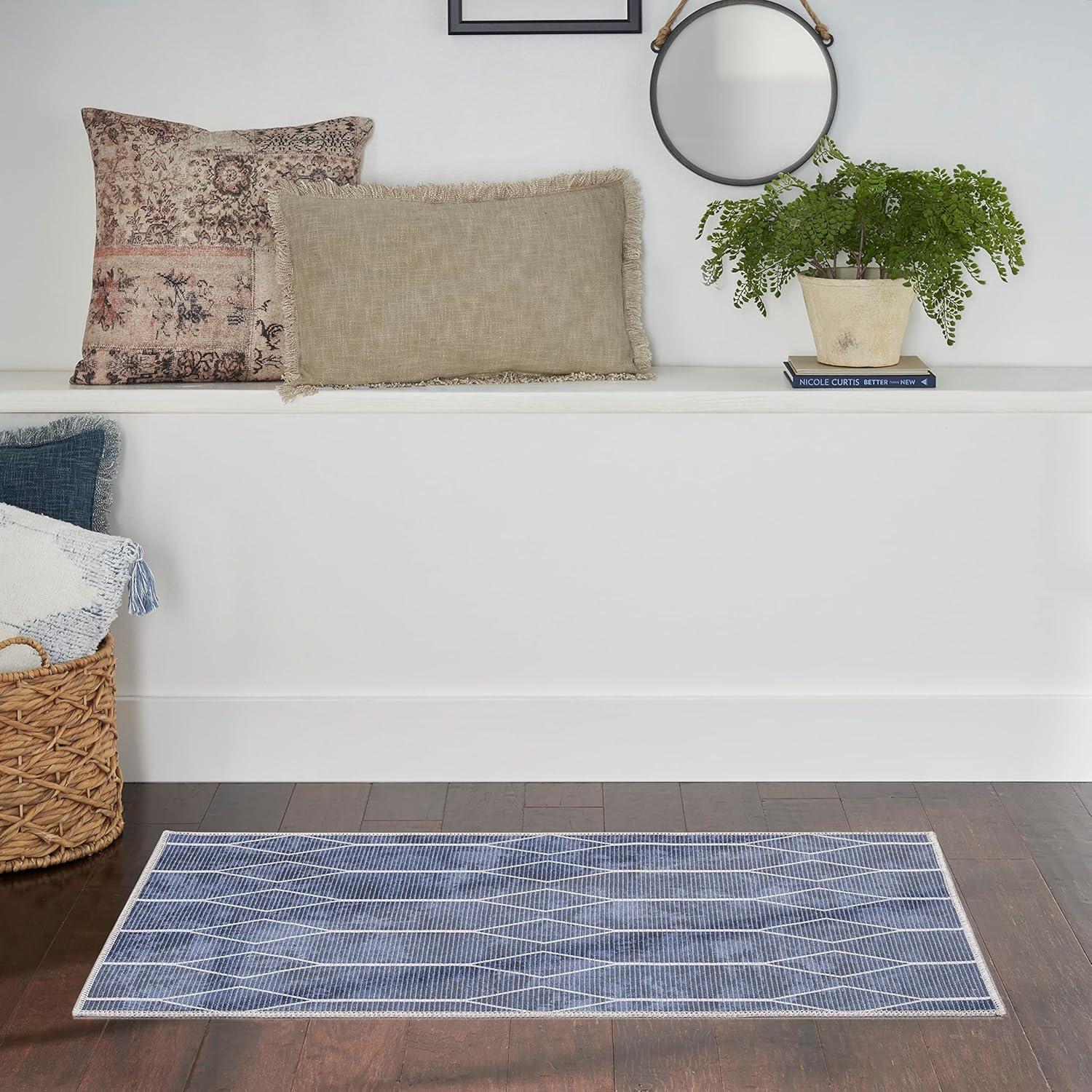 Pymble Geometric Machine Washable Area Rug in Navy Blue