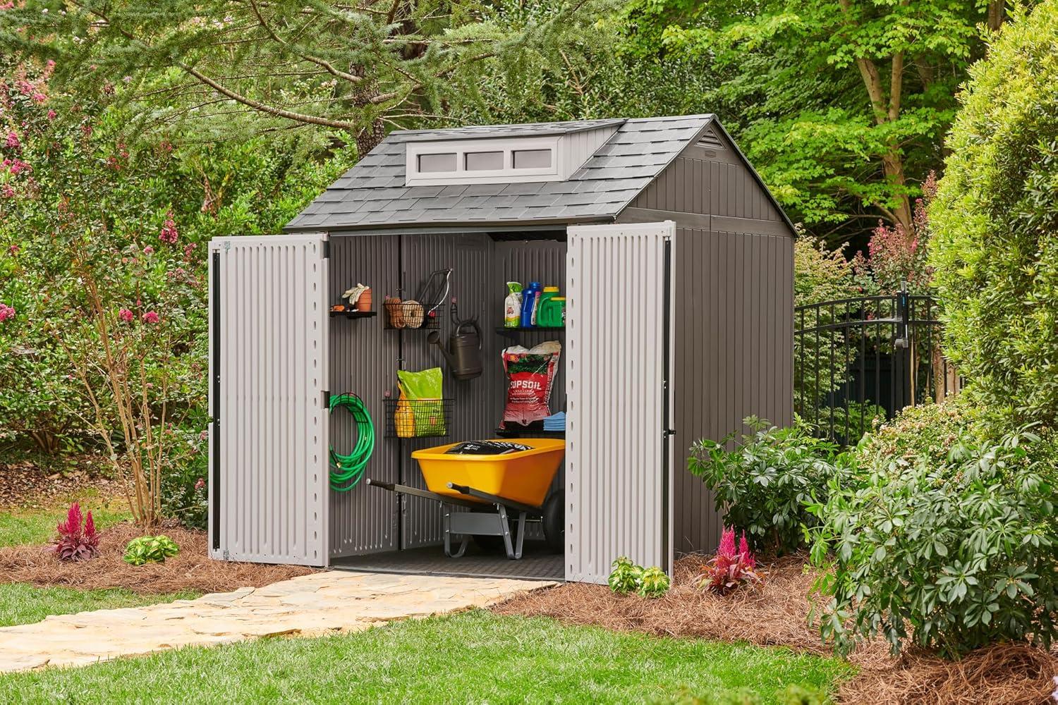 Brown Resin Medium Outdoor Storage Shed with Windows, 7 x 7 ft