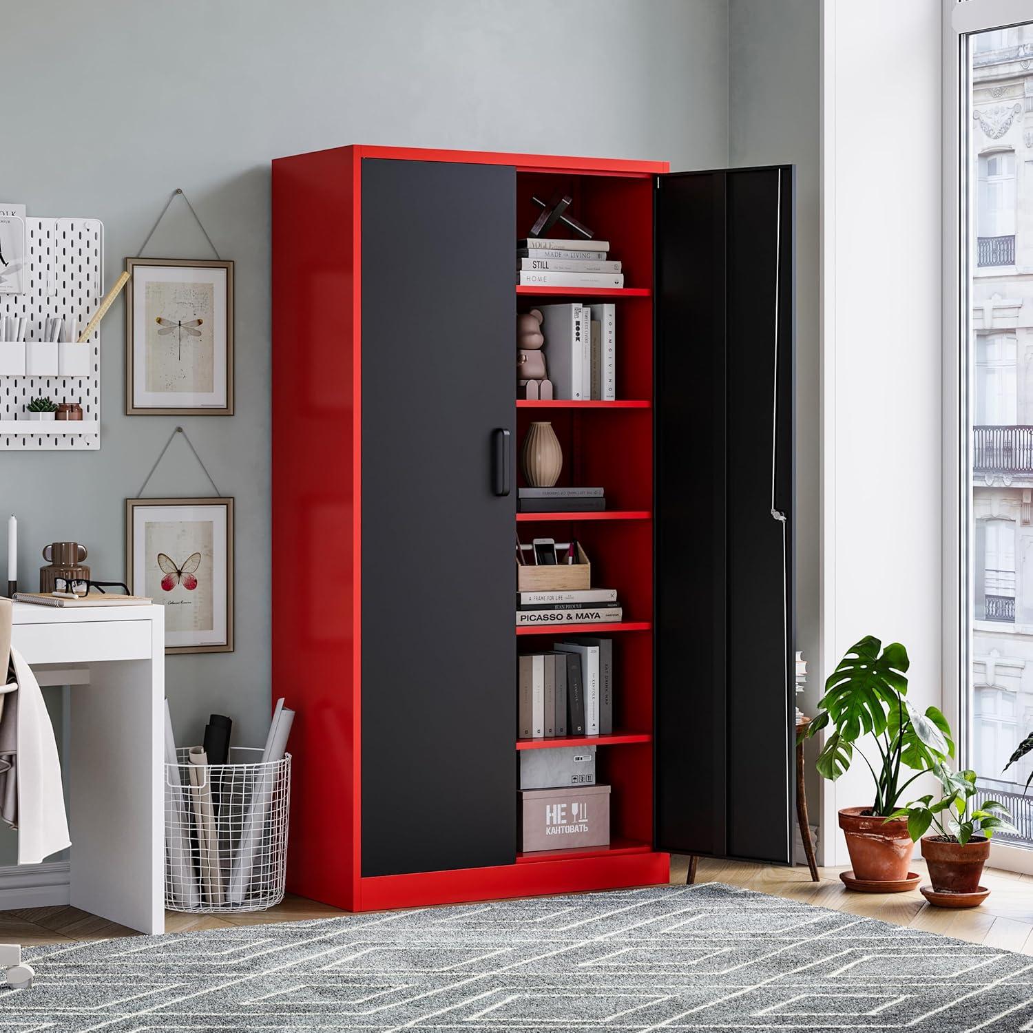 Tall Black and Red Steel Garage Storage Cabinet with Locking Doors