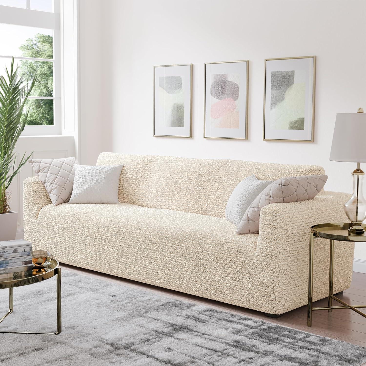 Cream Stretchable Polyester Sofa Cover for 3-Seater Couch