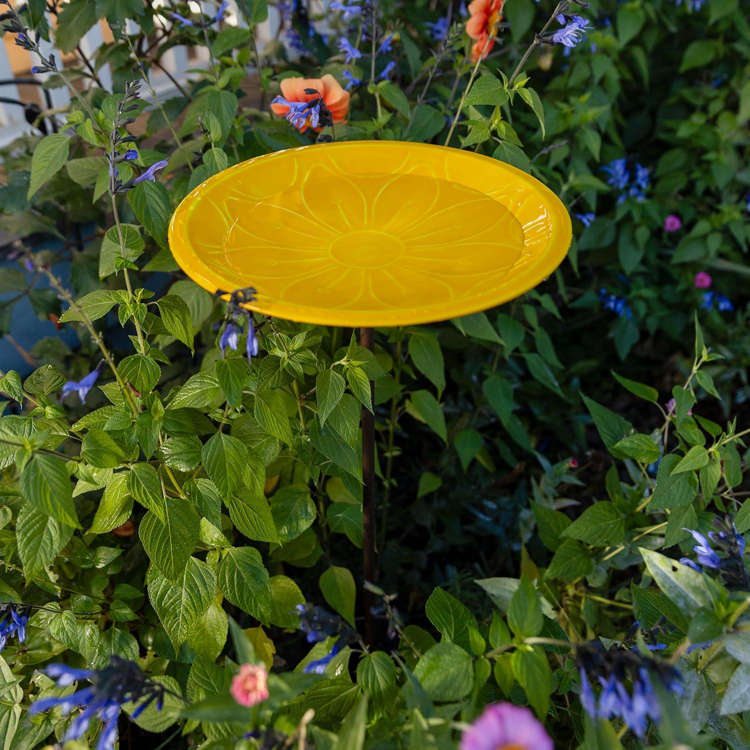 Sunflower Yellow Glass Birdbath with Iron Stake