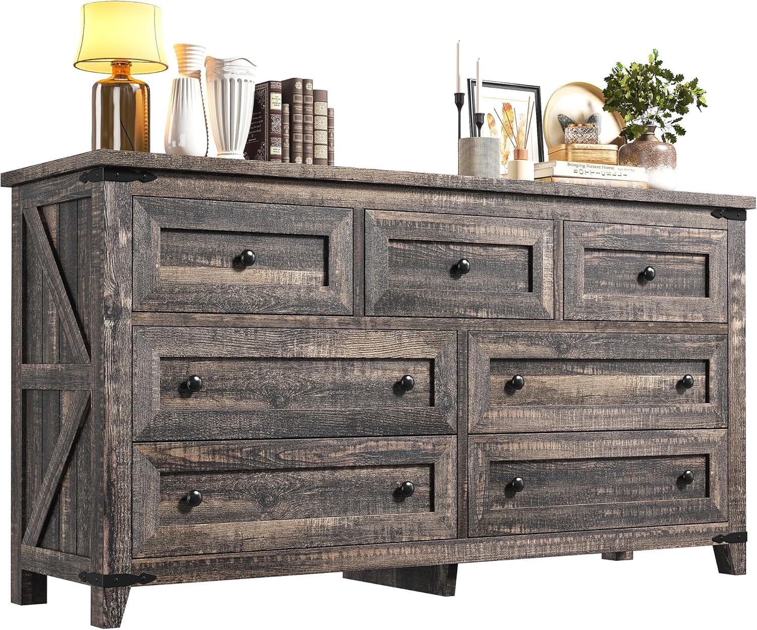 Dark Rustic Oak Farmhouse 7-Drawer Wood Dresser