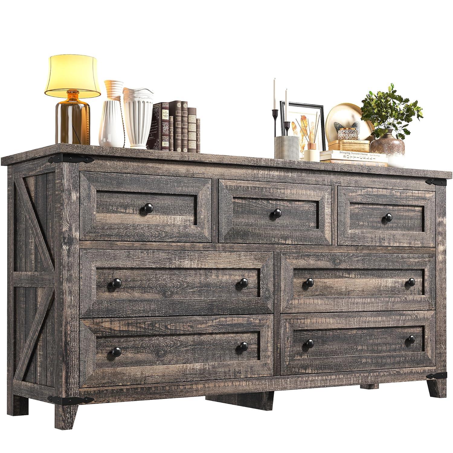 Gracie Oaks Wood Dresser For Bedroom With 7 Drawers, Farmhouse Chest Of Drawers