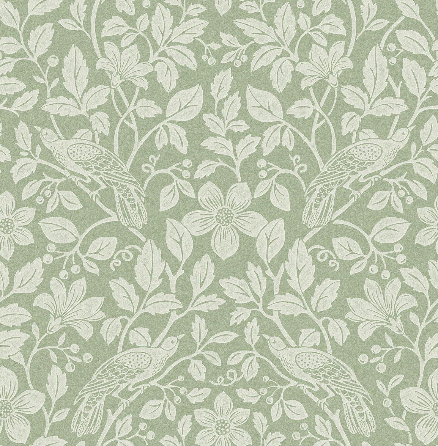 Green and White Non-Woven Botanical Bird Vine Wallpaper