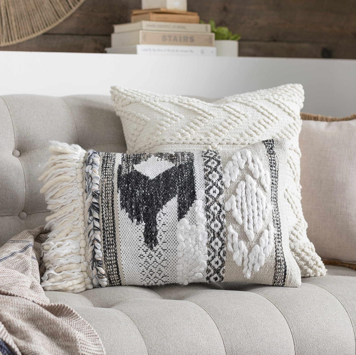 Hauteloom Sumiton Cotton Decorative Throw Pillow Cover - Moroccan Aztec High Low Textured Cushion Cover - Cream - 22" x 22" Pillow Cover